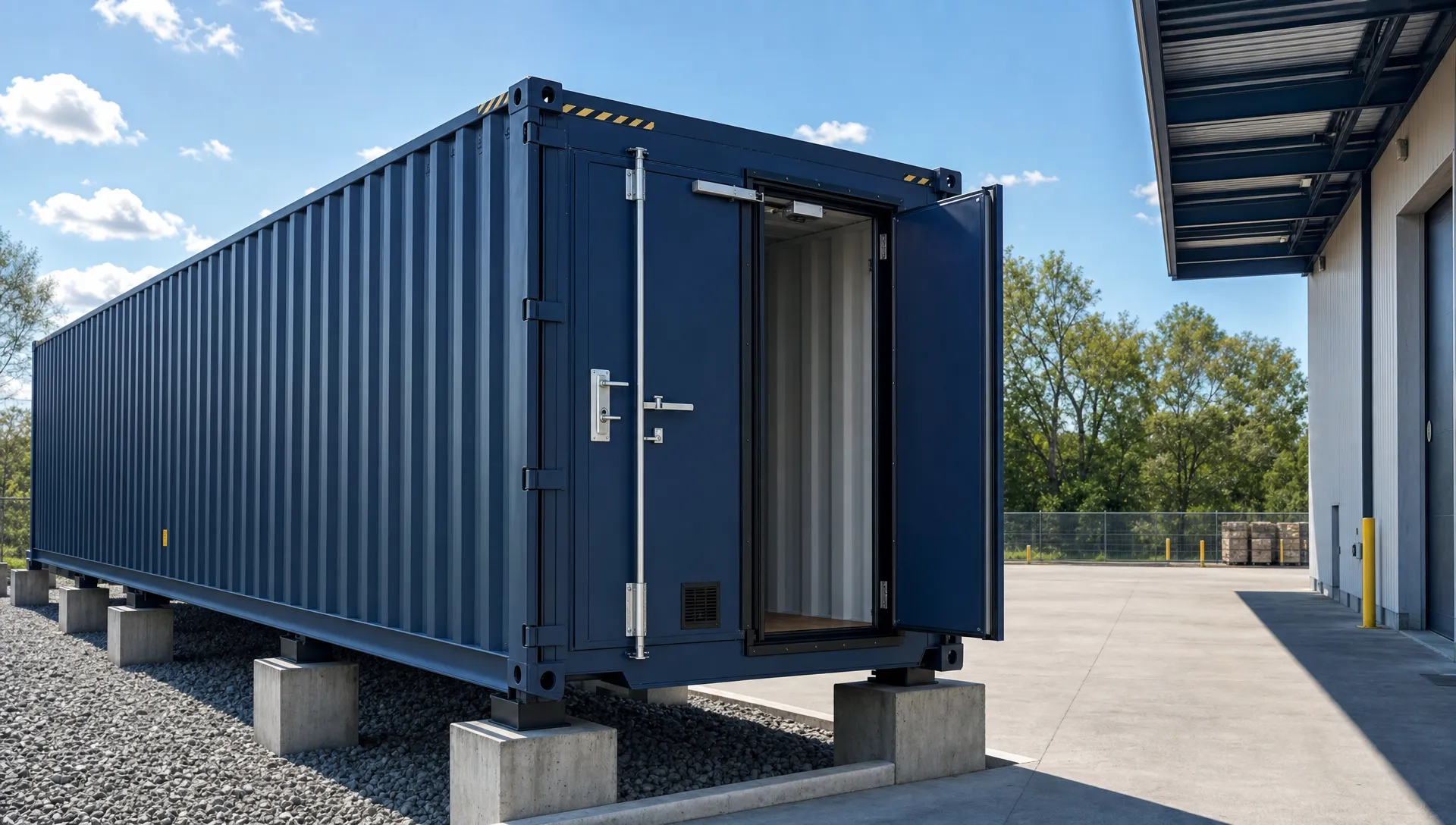 A high-cube steel container rests on concrete piers beside drainage gravel, with a reinforced doorway and an open delivery approach.