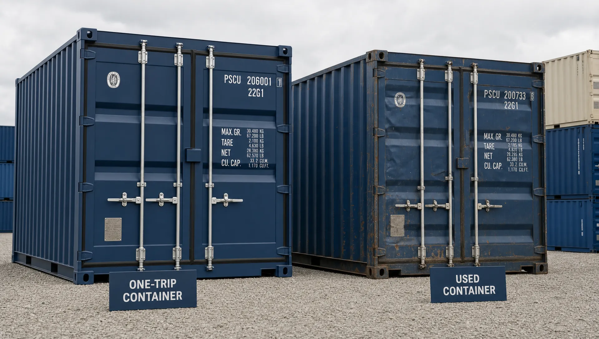 A one-trip 20ft container and a used 20ft container sit on a gravel yard, with dents, door hardware and seals visible for comparing costs.