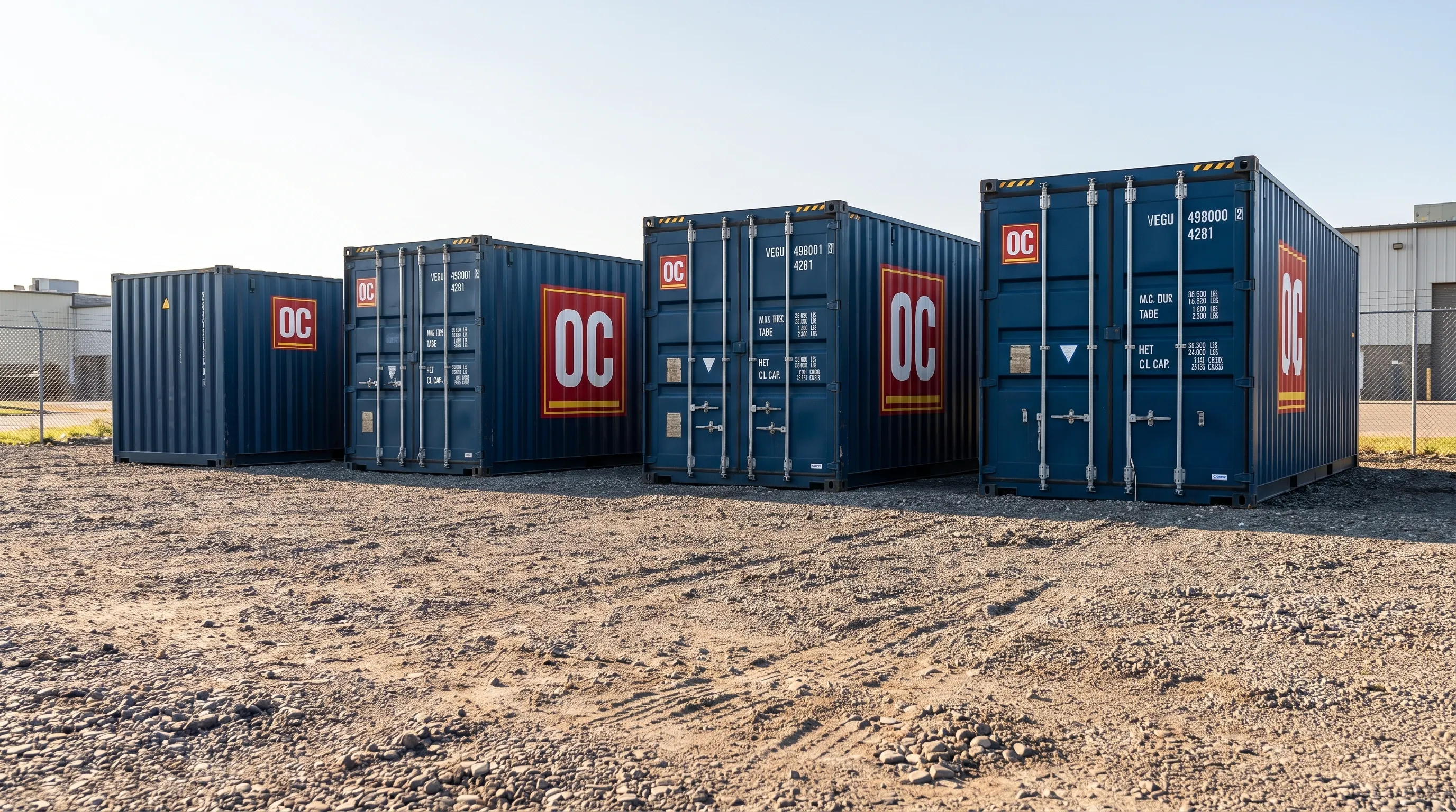 A 10ft, 20ft, 40ft and high cube container are lined up on a gravel yard for size comparison.
