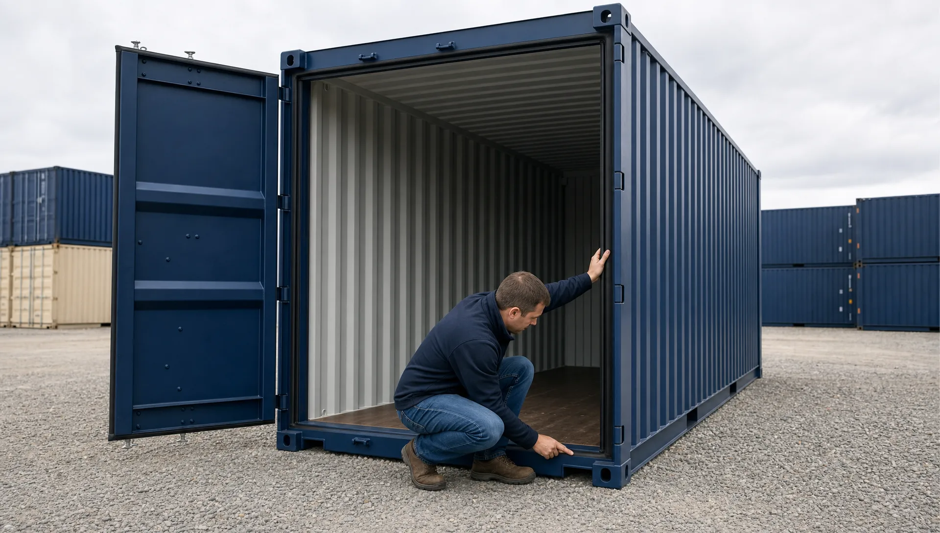 A buyer checks the door gaskets, floor, and roof edge on a 20ft shipping container in a gravel yard.