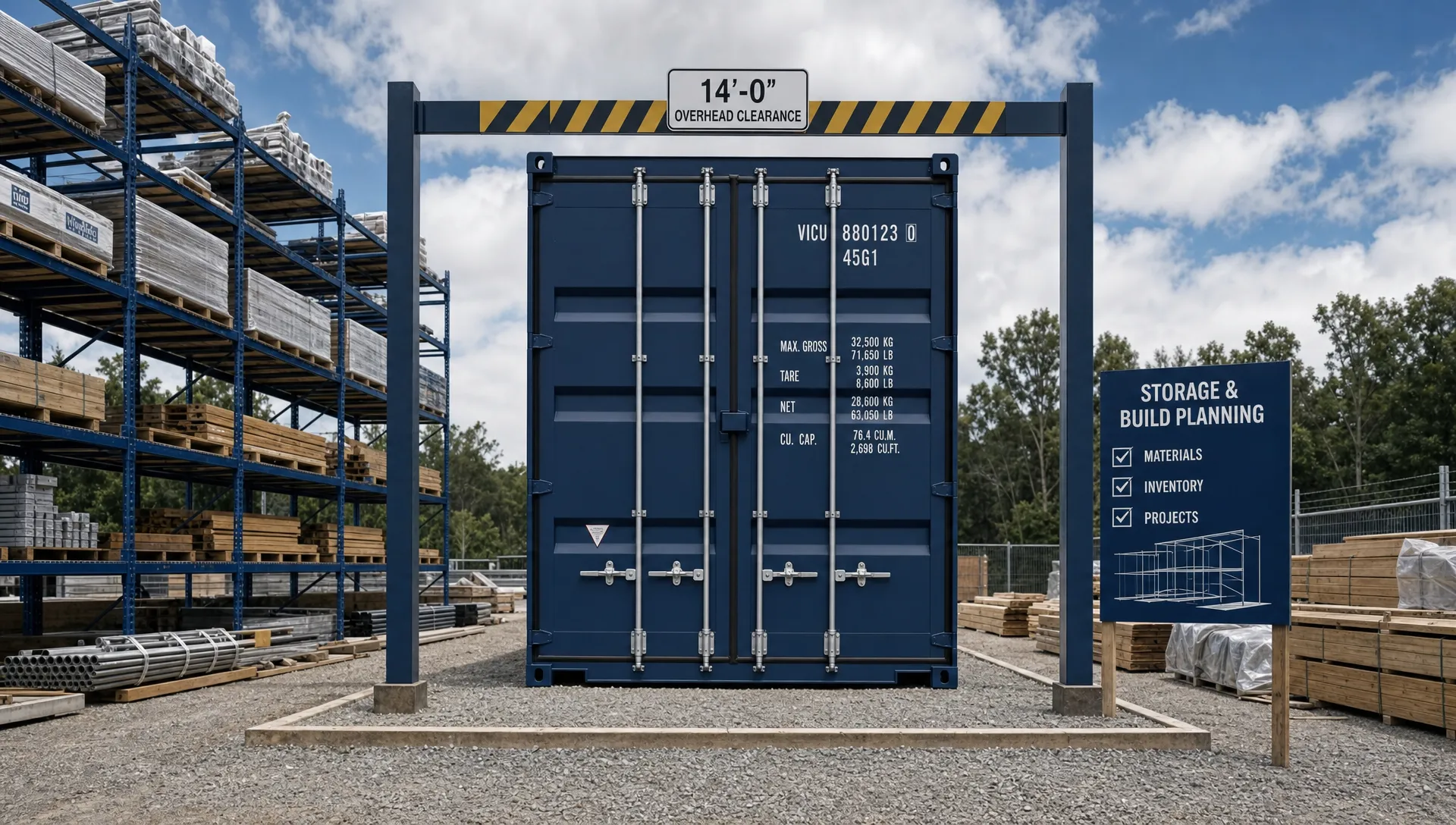 A high cube shipping container on a prepared gravel pad with tall pallet racks, construction materials, and overhead clearance marked for storage and build planning.