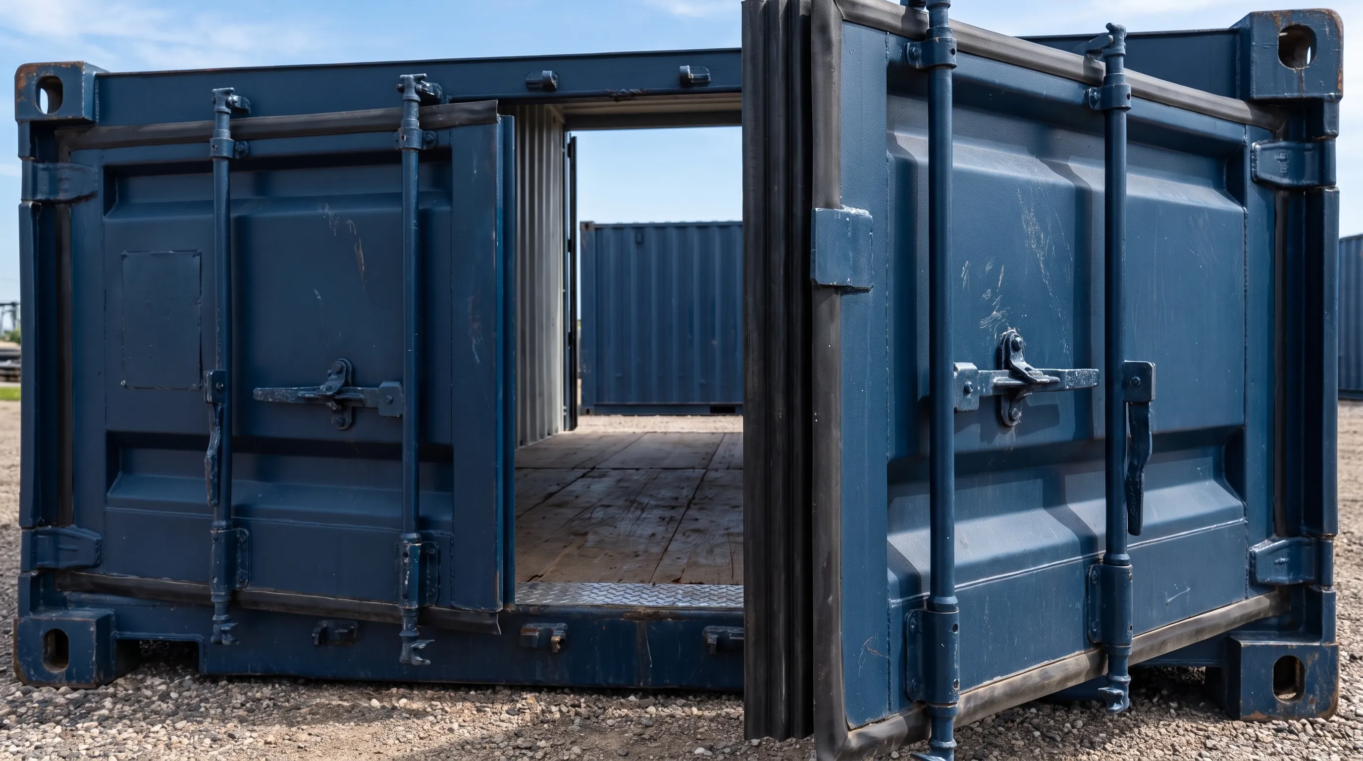 An open used 20ft shipping container shows door seals, locking bars, floor panels, and corner posts during inspection.