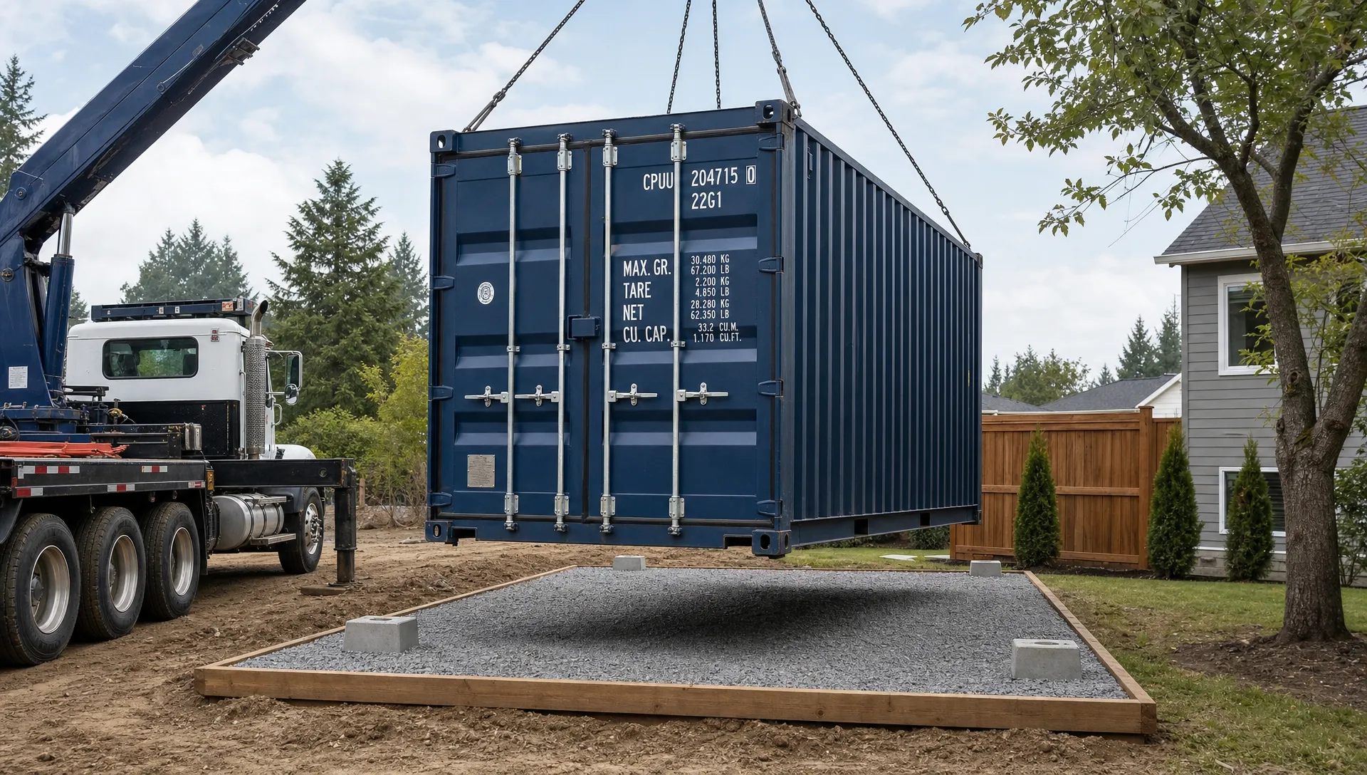 A 20ft shipping container being set onto a prepared gravel pad at a residential job site, with clear truck access, corner blocks, and a level placement area visible, showing how to buy a 20ft shipping container safely.