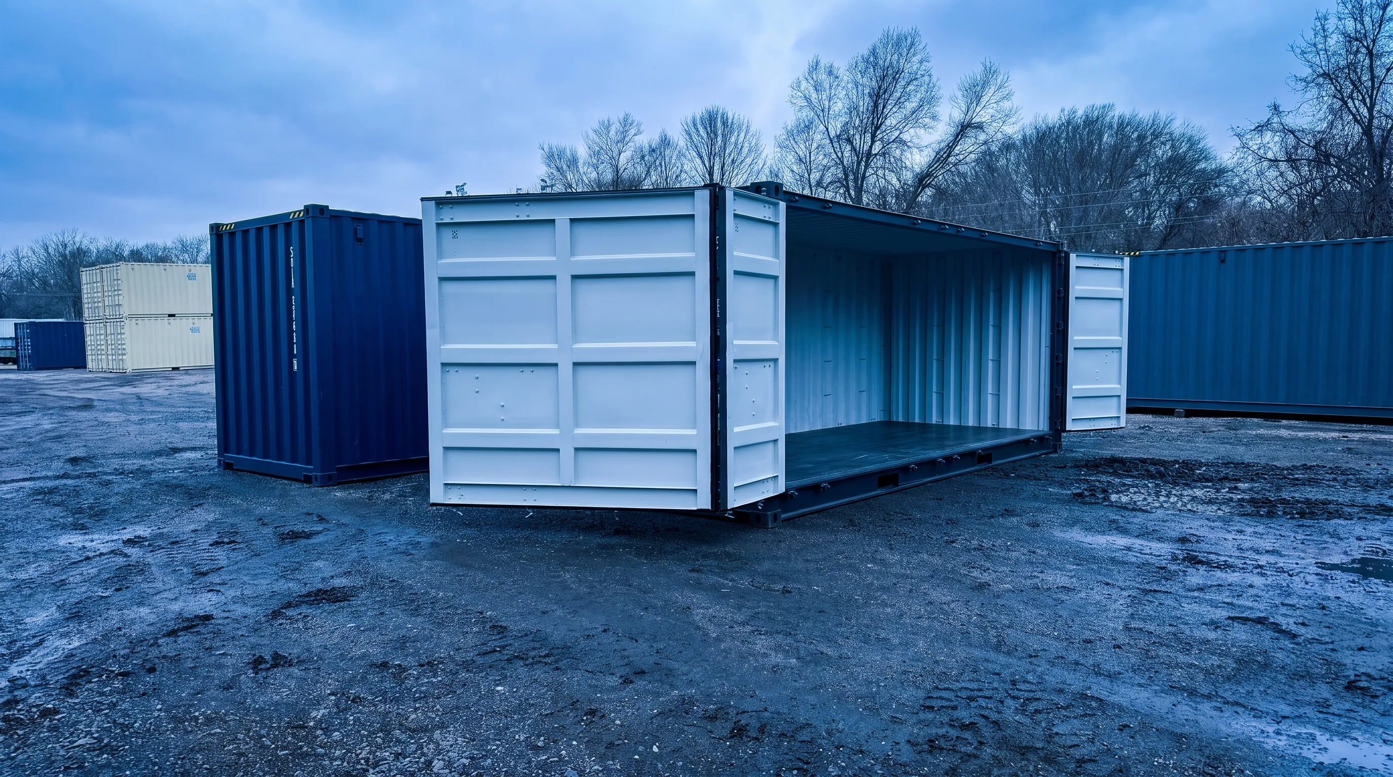 A gray open-side shipping container sits on a gravel pad beside a standard 20ft container for comparison.
