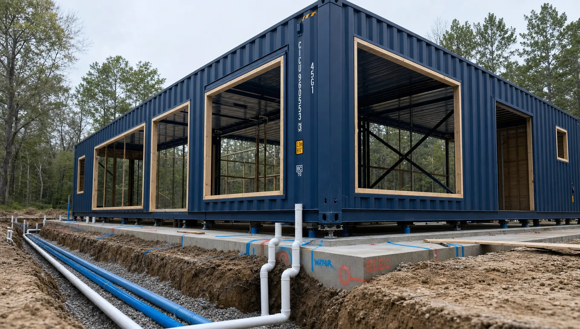 A shipping container custom build in progress with a high cube container on a prepared pad, framed window openings, steel reinforcement, and marked utility routes for electrical and plumbing, viewed from a low angle beside the utility trench.