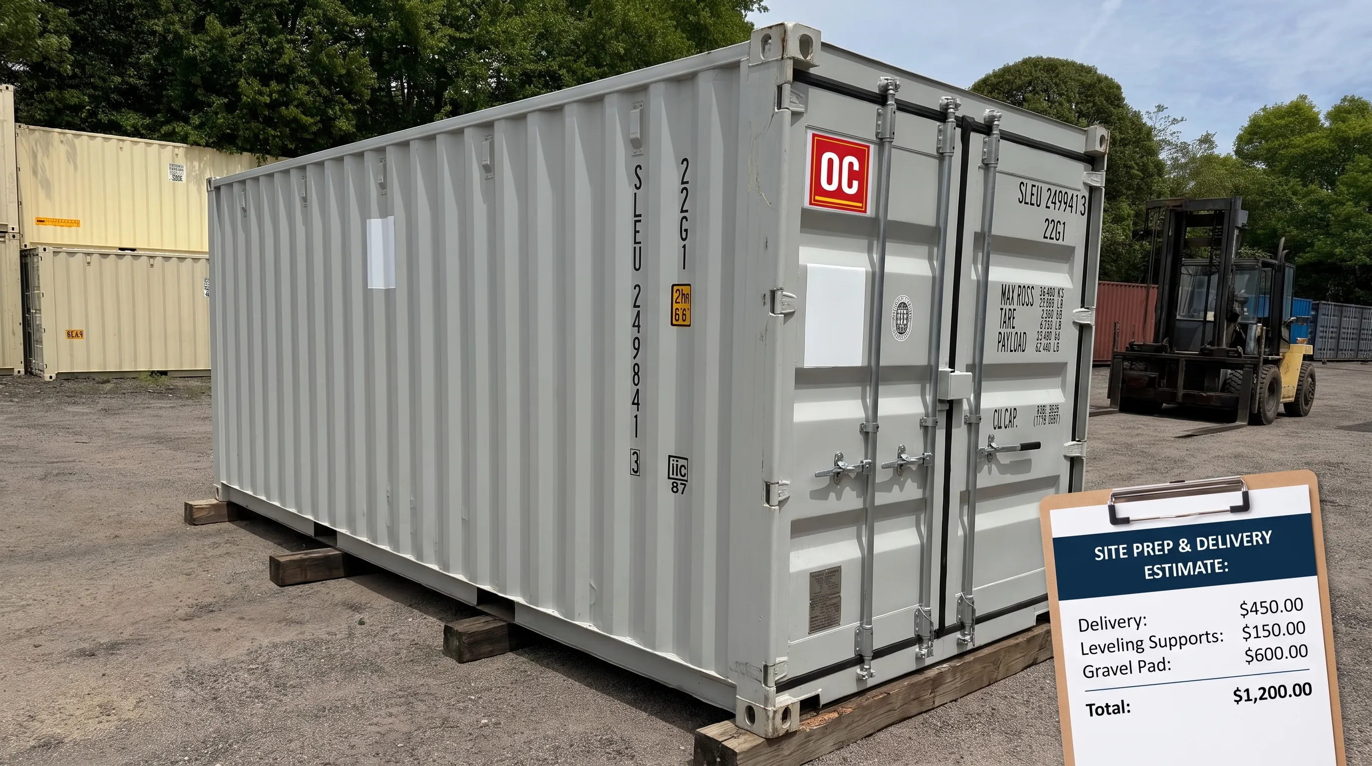 A printed quote lies beside a gray 20ft shipping container on level supports, with delivery and site prep costs being compared.