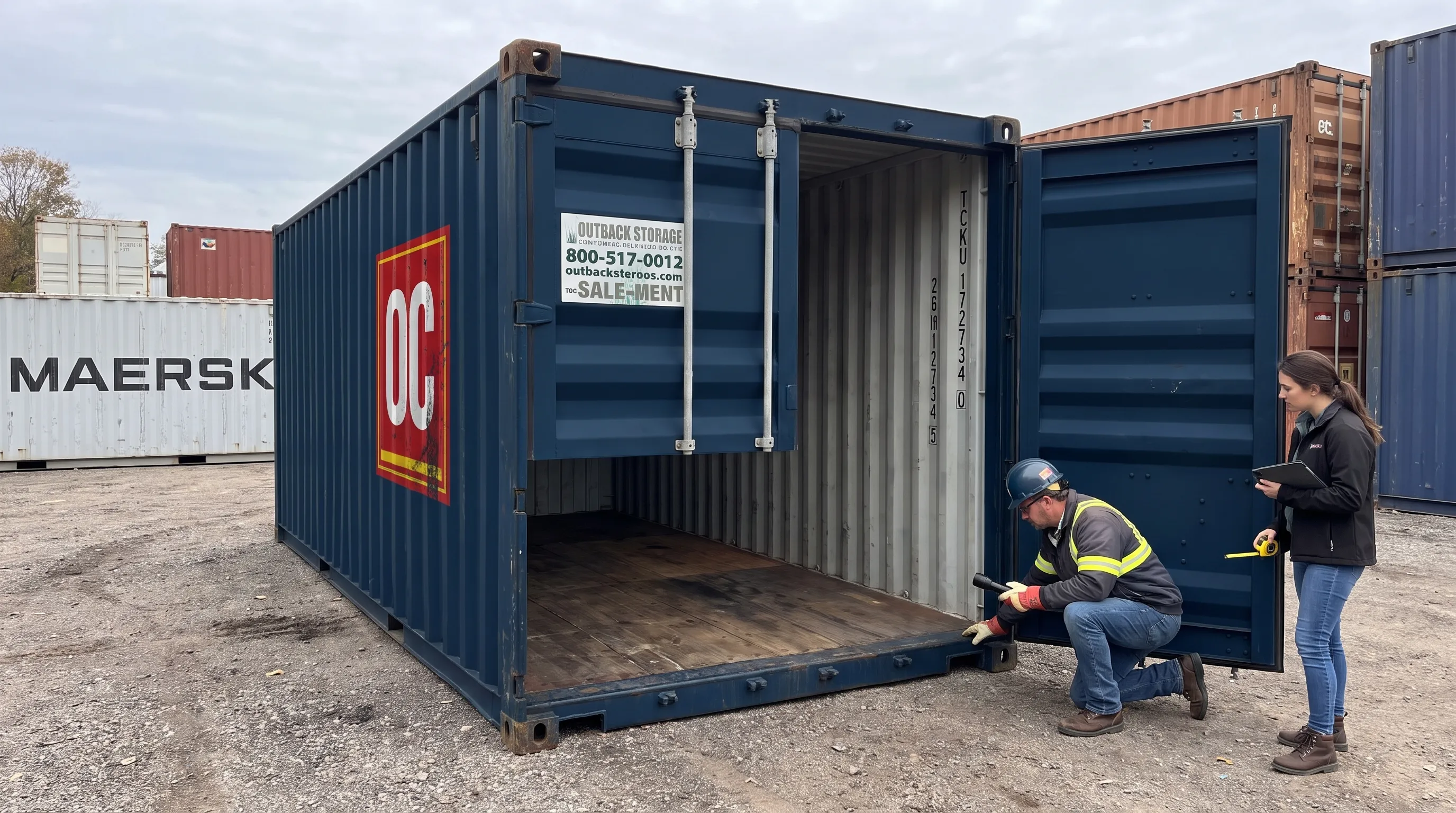 Inspection of a used 20ft shipping container with open doors, visible floor, door gaskets, and corner posts in a container yard.