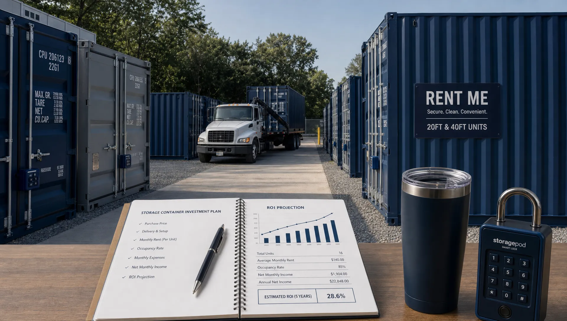 Buying shipping containers to rent out shown as a small yard of 20ft and 40ft storage containers with a delivery truck, clear access lanes, lockboxes, and a simple ROI planning notebook in the foreground.