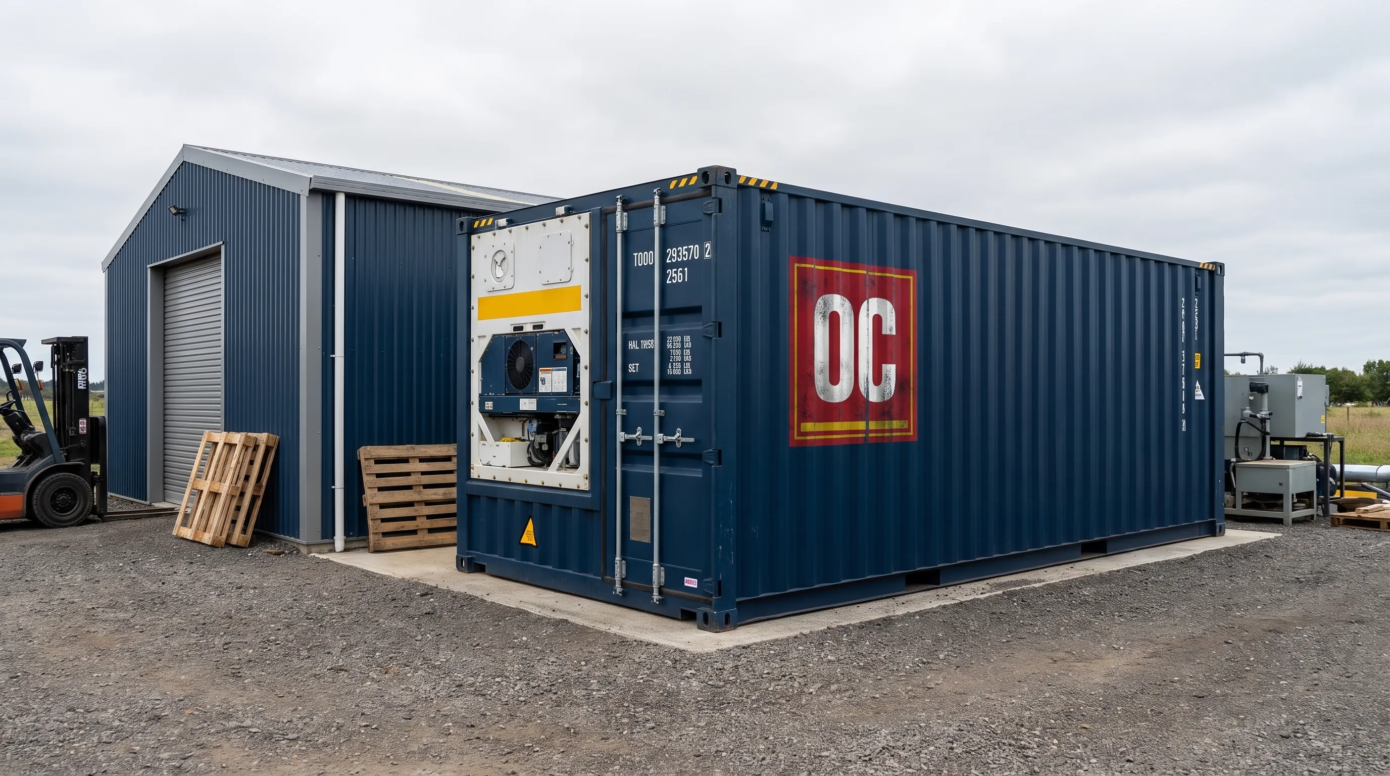 A 20ft refrigerated container sits on a level gravel pad beside a small warehouse, with the reefer unit visible and clear access around the doors.