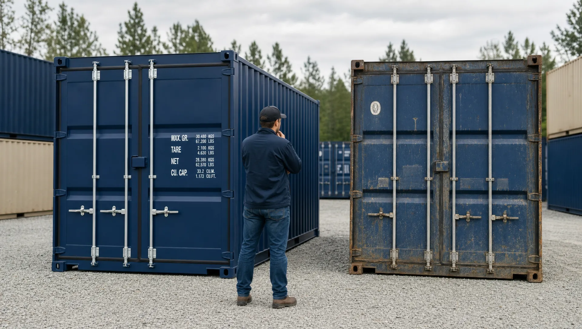 A buyer comparing a clean one-trip 20ft container and a used WWT 20ft container in a gravel storage yard before deciding whether to buy a 20ft container for a home or job site.