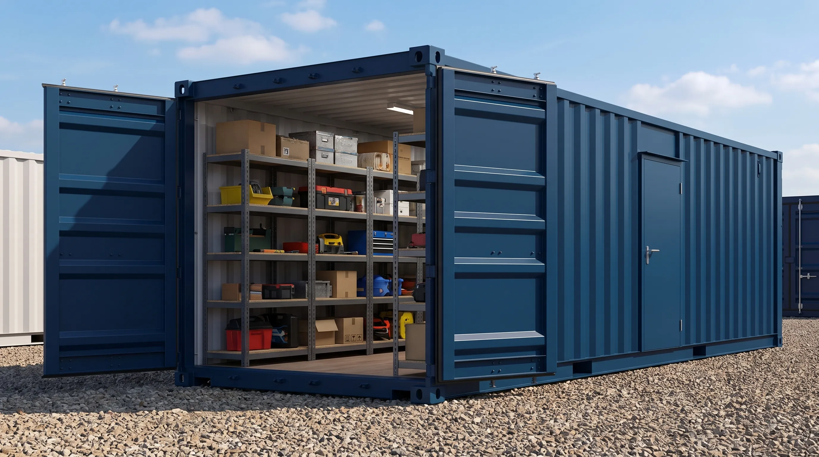 A modified storage container on gravel with open cargo doors, shelving, a clear aisle and a side personnel door.