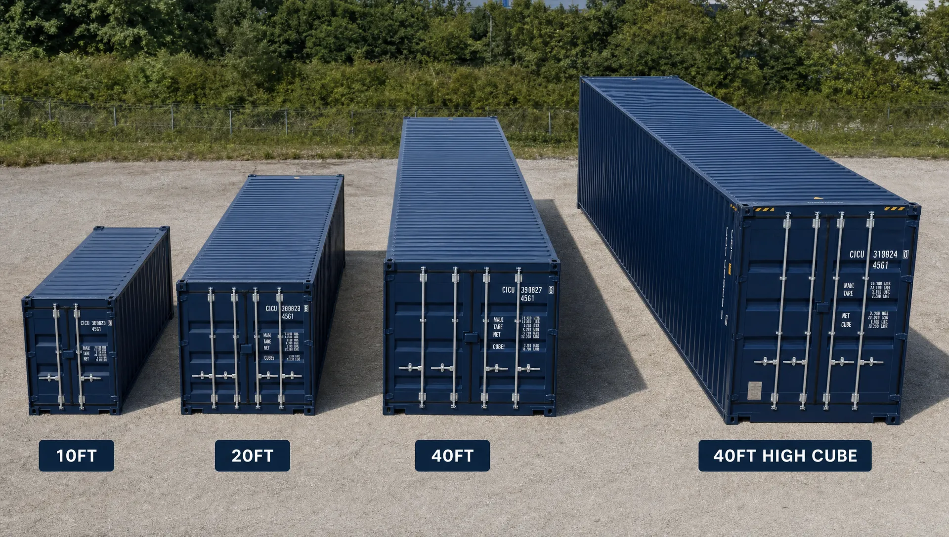 A side-by-side row of 10ft, 20ft, 40ft, and 40ft high cube shipping containers on a gravel lot, viewed from a slightly elevated angle to show the length and height differences clearly.