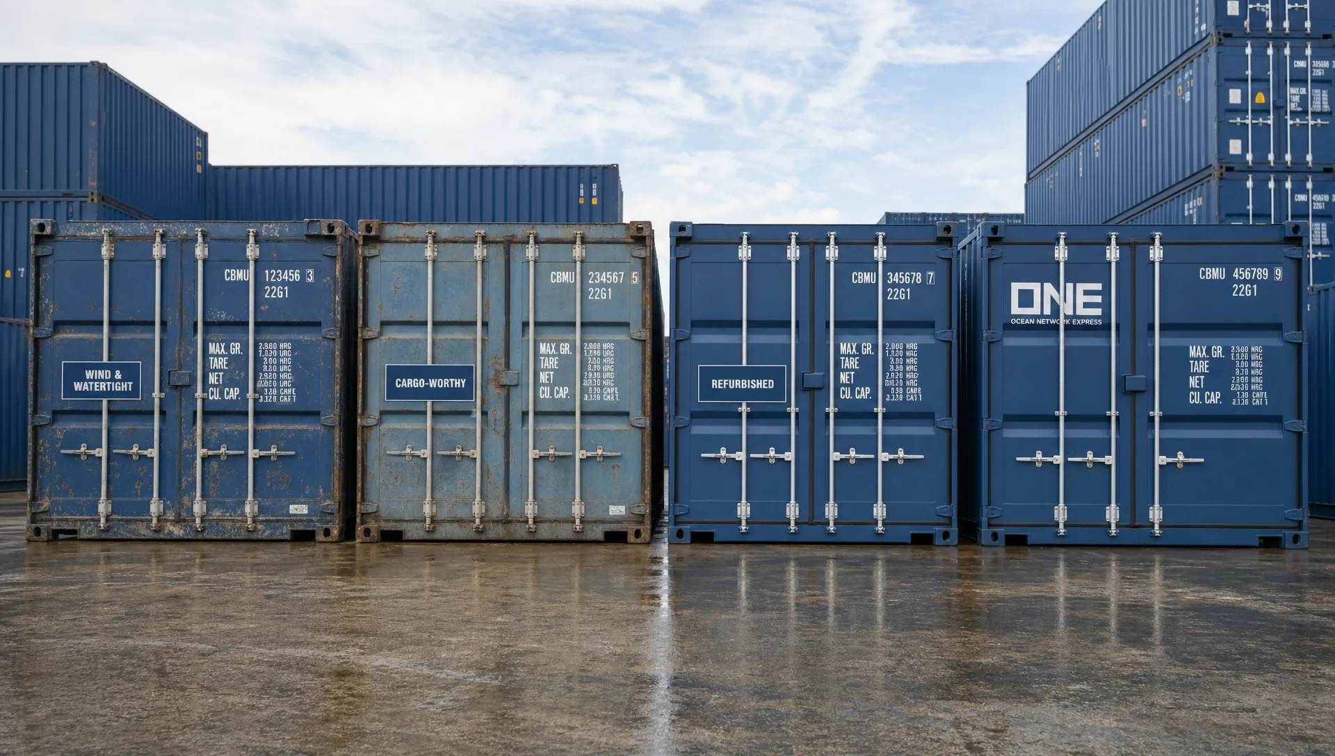 A row of used storage containers in different grades at a container yard, including wind and watertight units, cargo-worthy containers, and refurbished containers with clean paint.