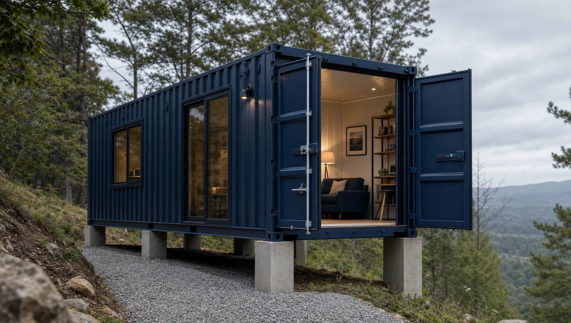 A shipping container building sits on designed concrete supports with clear space beneath the floor, gravel access, sloping ground, and open cargo doors.