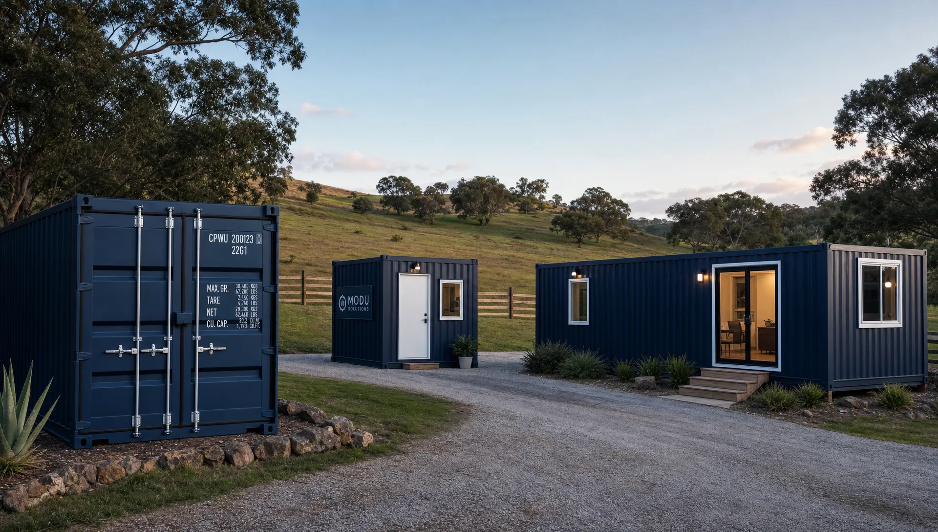 Smart container solutions arranged on a rural property, including a secure storage container, a small container office, and a finished container living unit with exterior doors, windows, and a gravel access drive.
