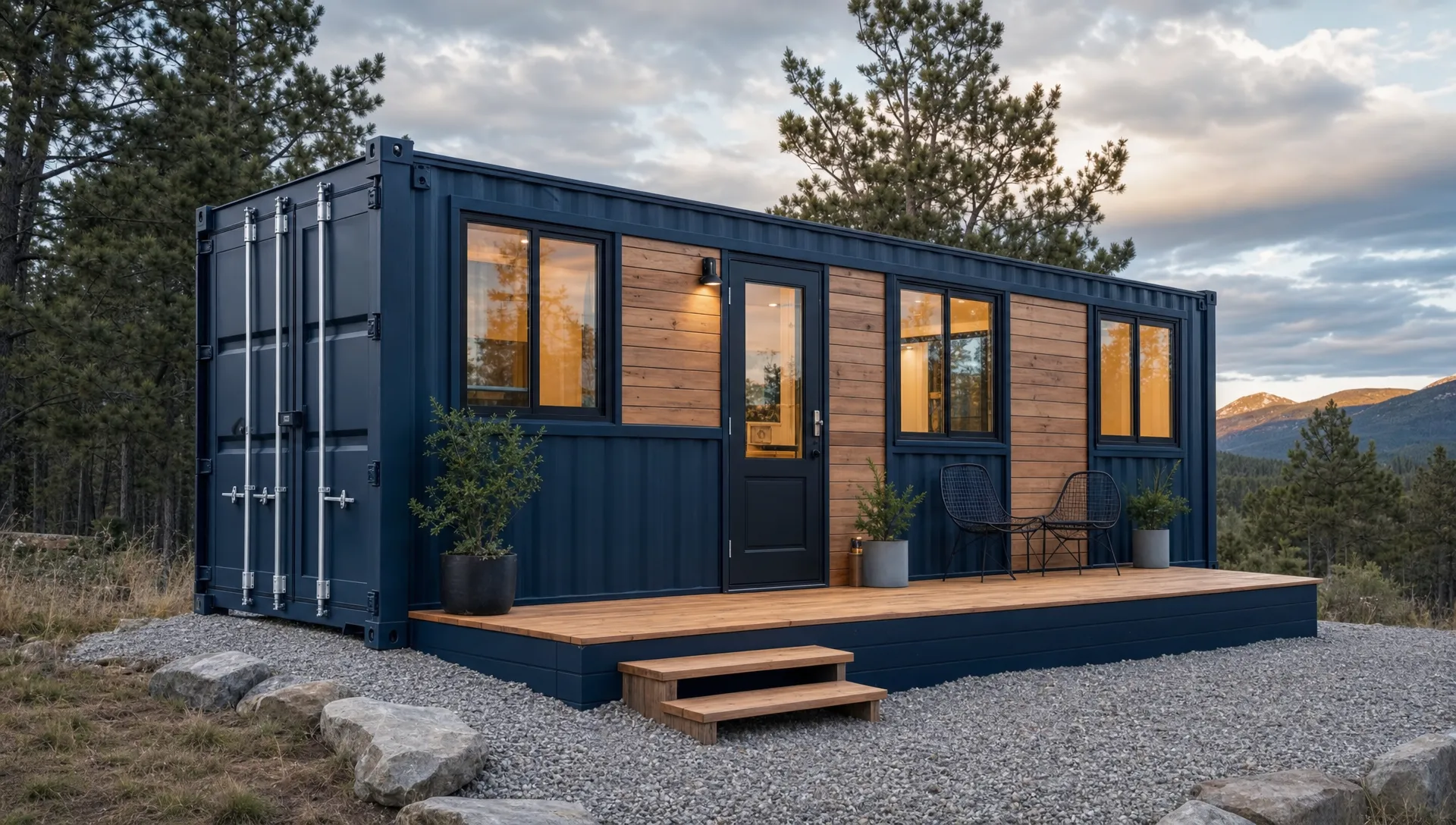A bespoke container build with exterior windows, a man door, finished siding accents, and a small deck set on a prepared gravel pad at a rural property, viewed from a slight low angle with the deck and entry side facing the camera.