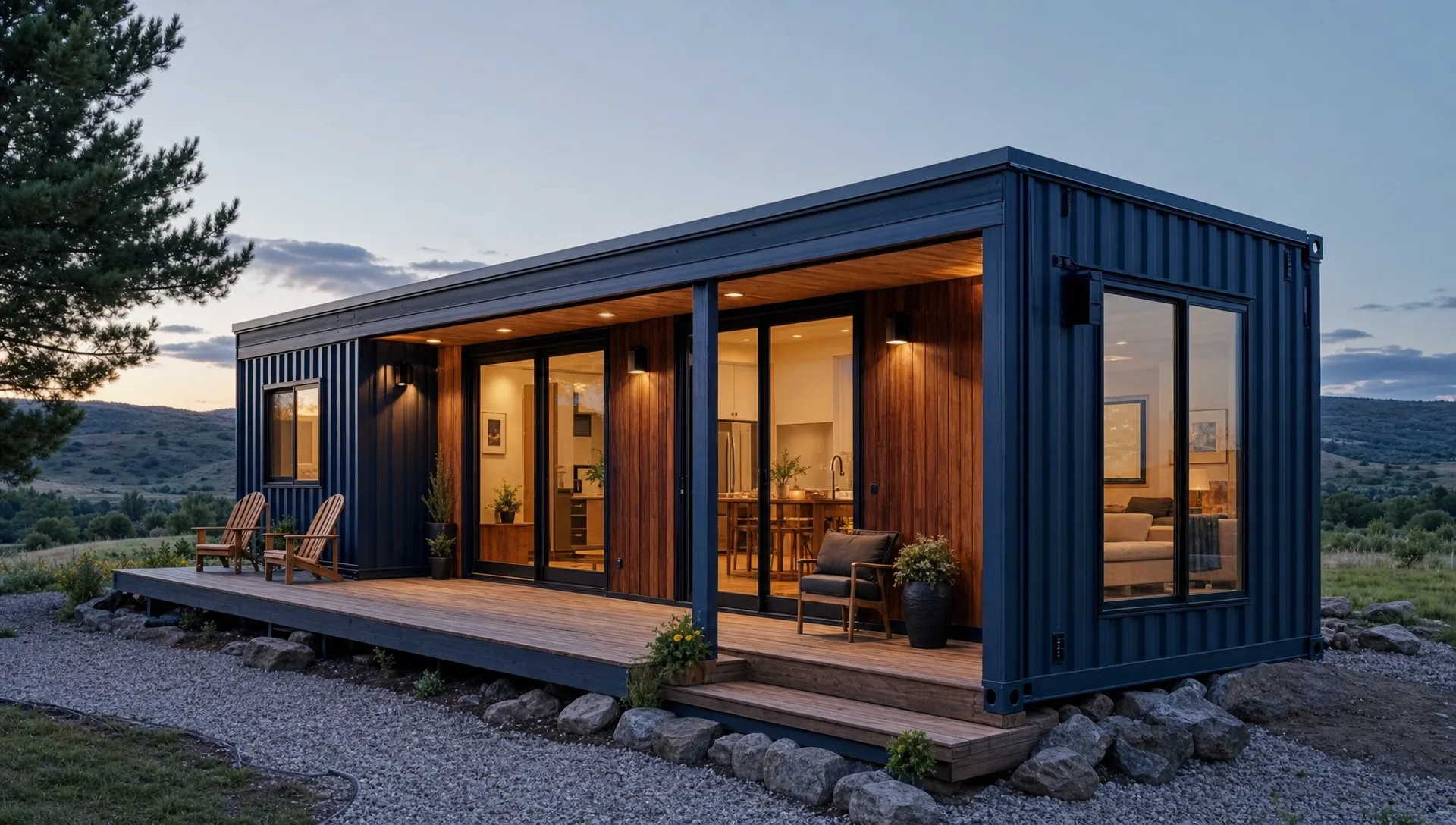 A finished example of storage container homes built from a 40ft high cube container, with exterior cladding, large windows, a small porch, and a compact rural setting viewed from the front corner.
