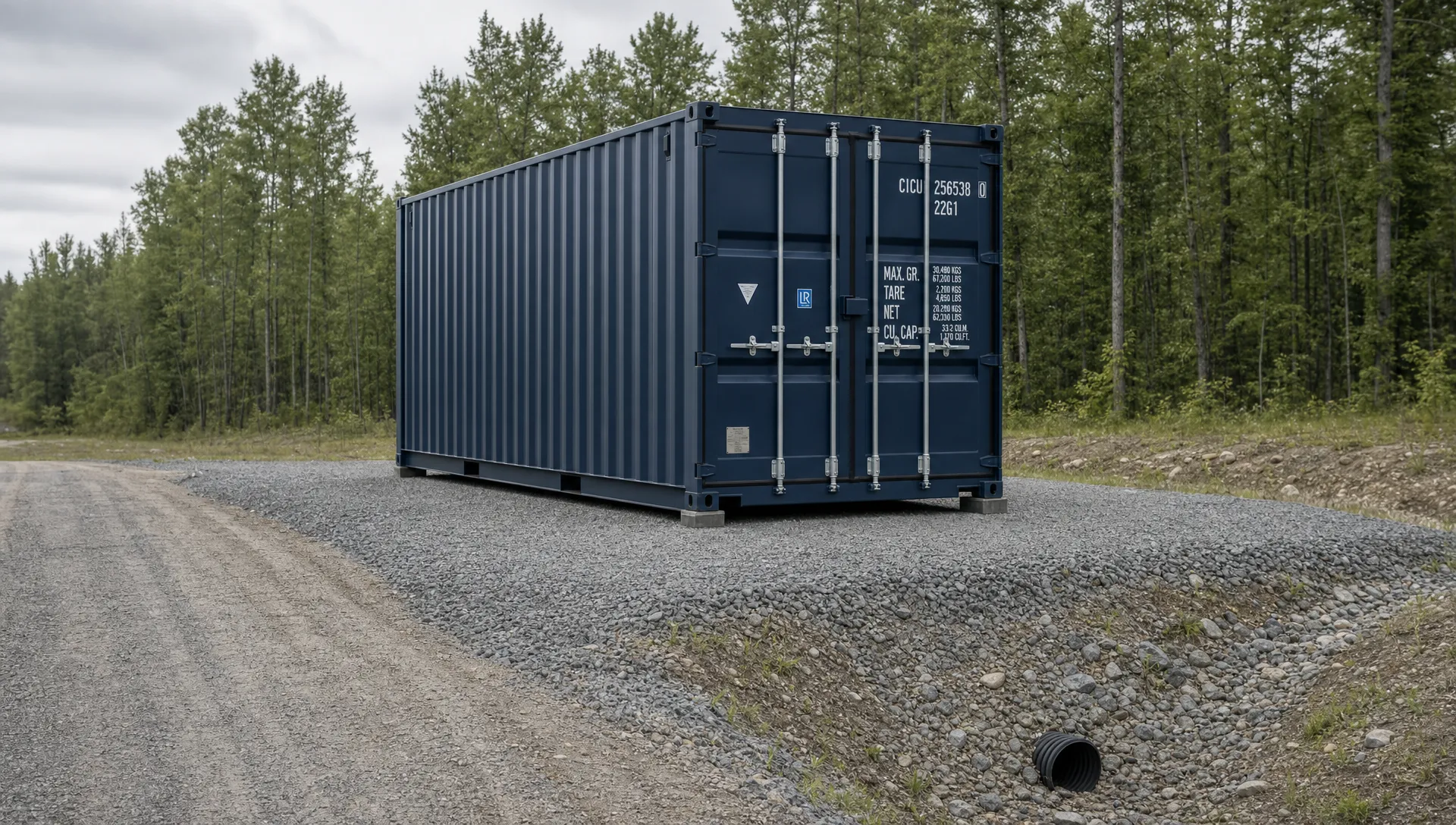 A steel storage container sits on a prepared gravel area with clear truck access and drainage sloping away from the pad.