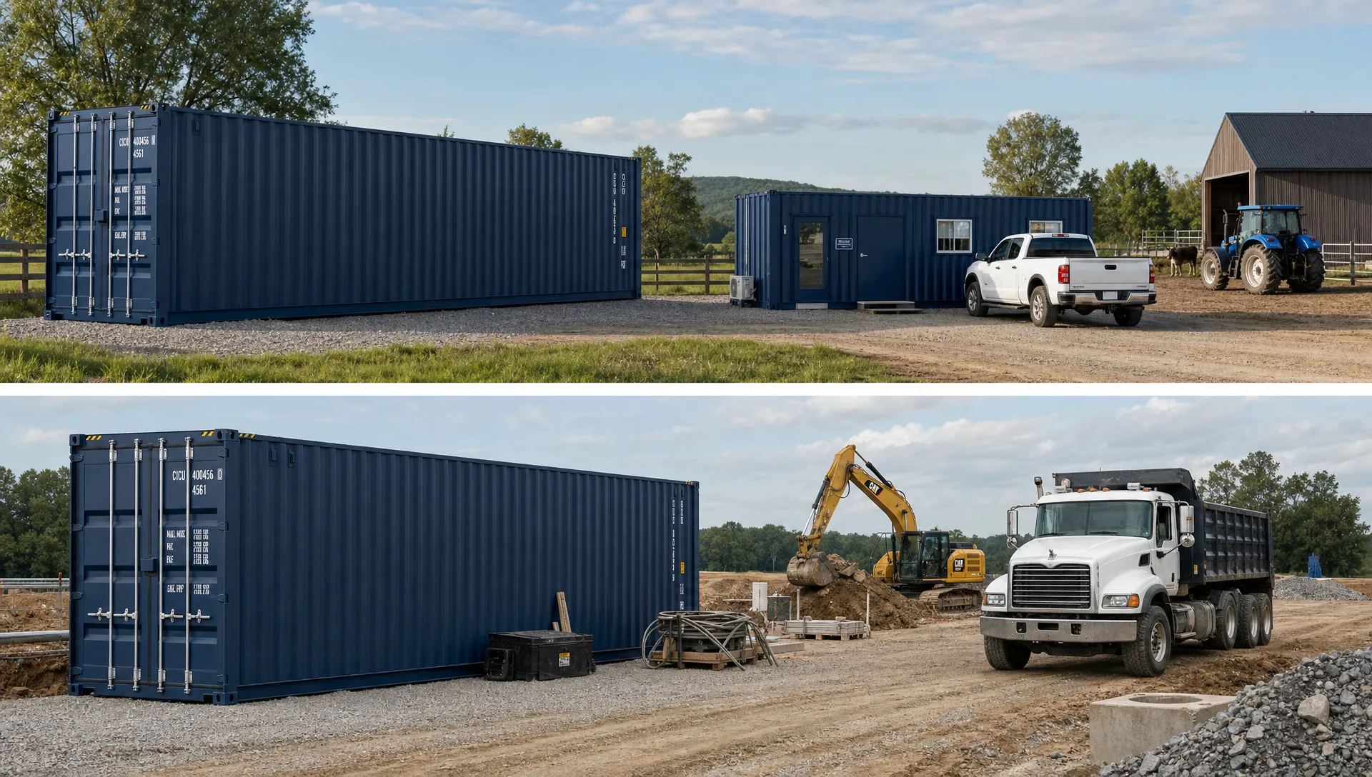 Shipping container solutions on a rural farm and active job site with a 40ft container used for secure storage, a modified container office, gravel pads, equipment, fencing, and wide truck access visible.