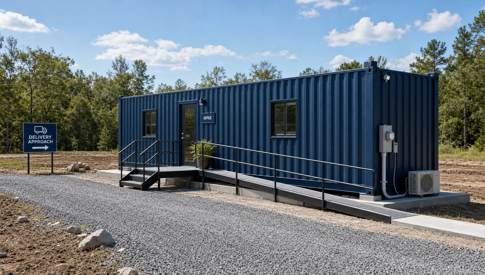 A container converted to office space sits on a foundation with a ramp, utility hookup, and clear delivery access.