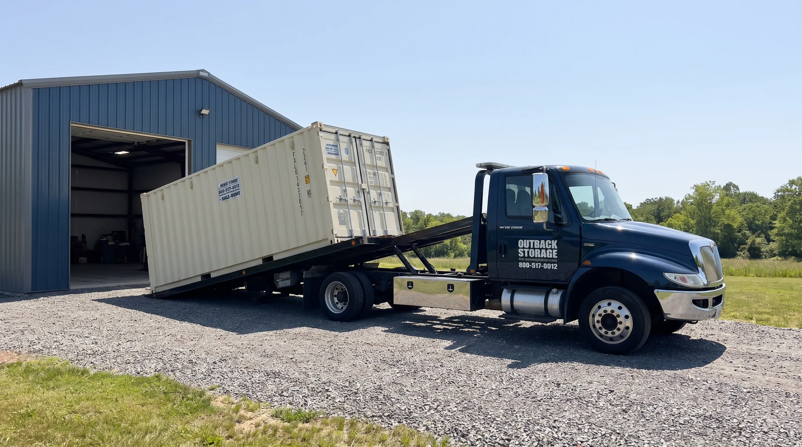 A 20 ft shipping container being unloaded by a tilt-bed truck onto a level gravel pad beside a workshop, with clear driveway access and no low branches or overhead wires.