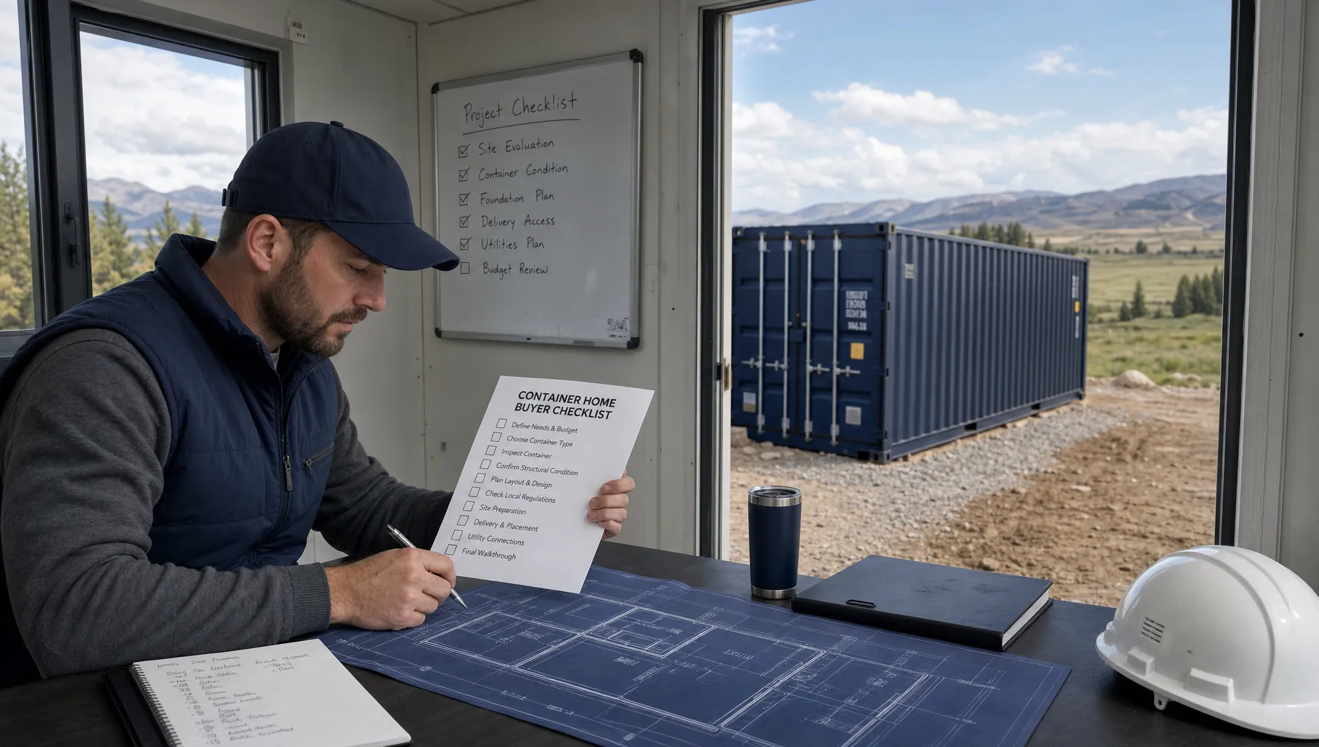 A buyer reviews plans and a checklist inside a simple on-site trailer office next to a high cube container on a prepared rural lot before they buy a shipping container house.