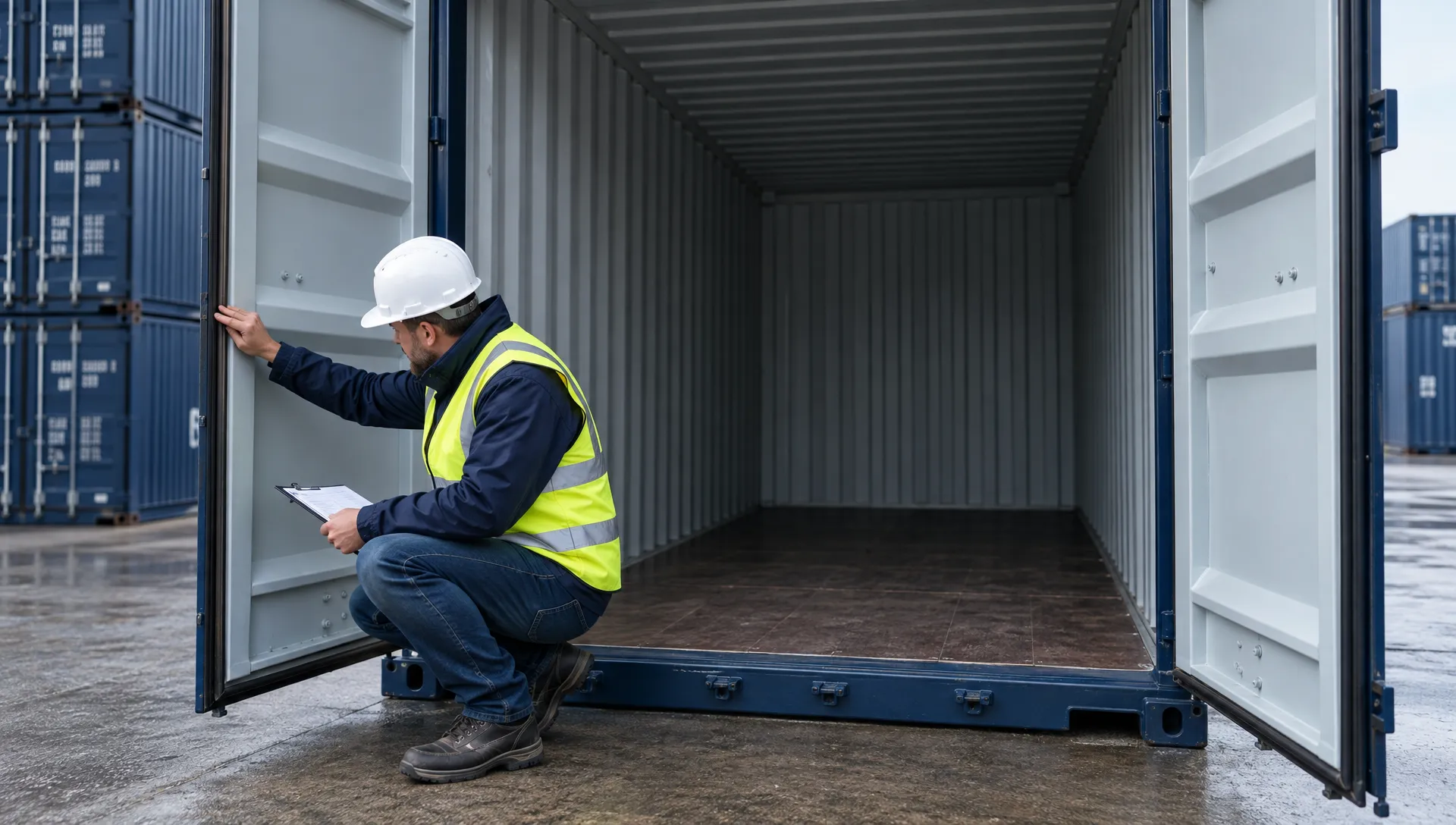 A buyer inspects the open doors, rubber seals, and floor inside a steel shipping container before accepting delivery.