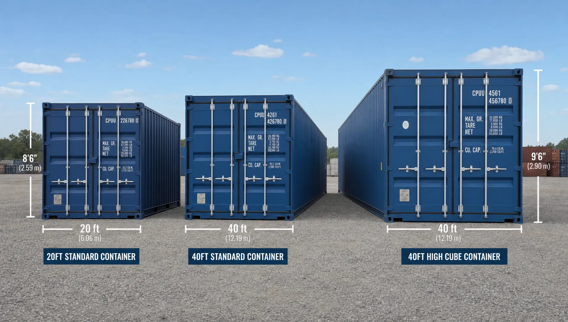 A 20ft standard container, a 40ft standard container, and a 40ft high cube container lined up side by side on a gravel lot, viewed straight on with clear size markers showing the length and height differences.