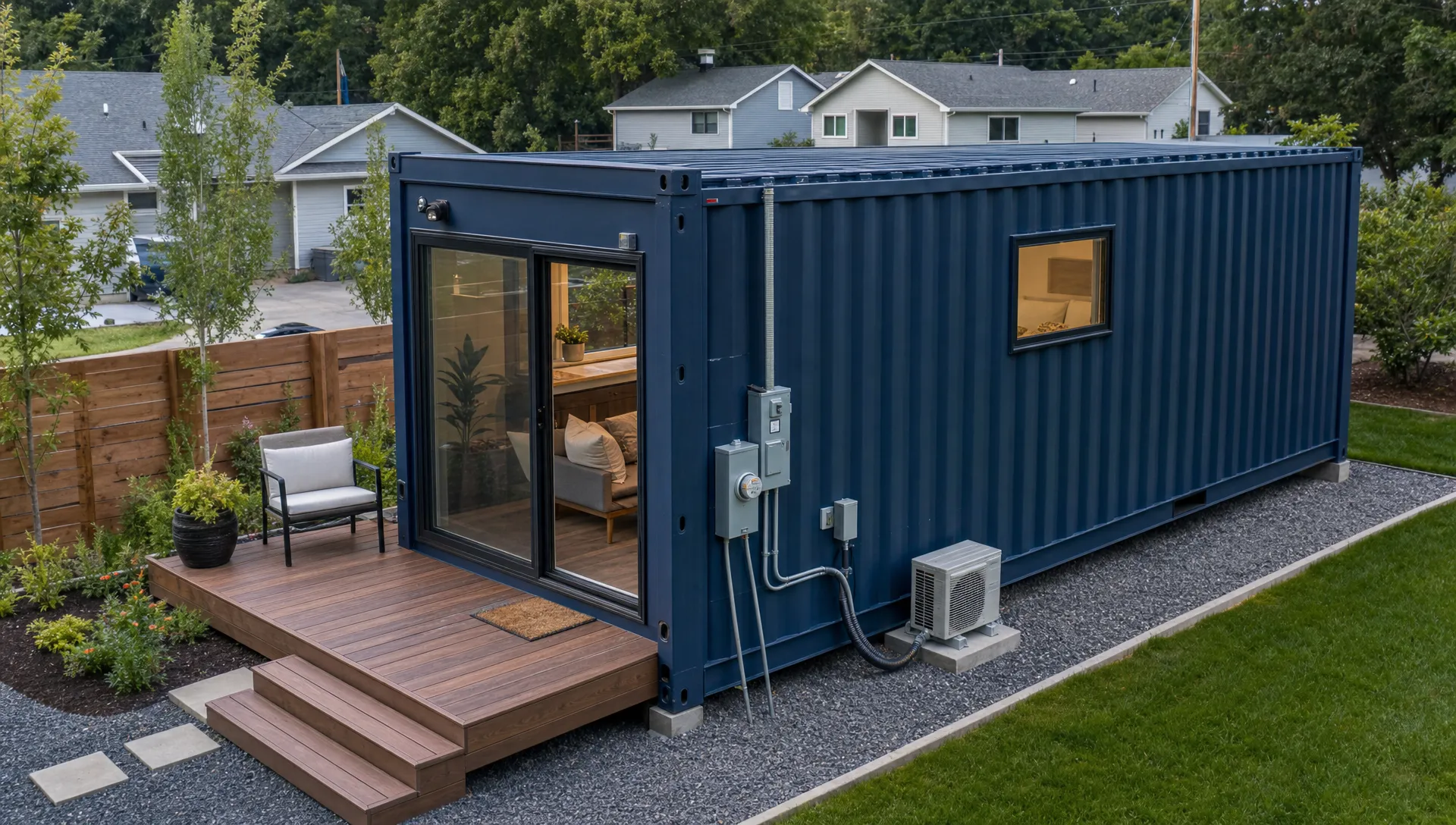A compact shipping container home on a suburban lot, shown from a slight overhead angle with the front corner and utility hookups visible, including large windows, a small deck, and a clear view of the insulated shell and exterior connections for shipping container homes for sale.