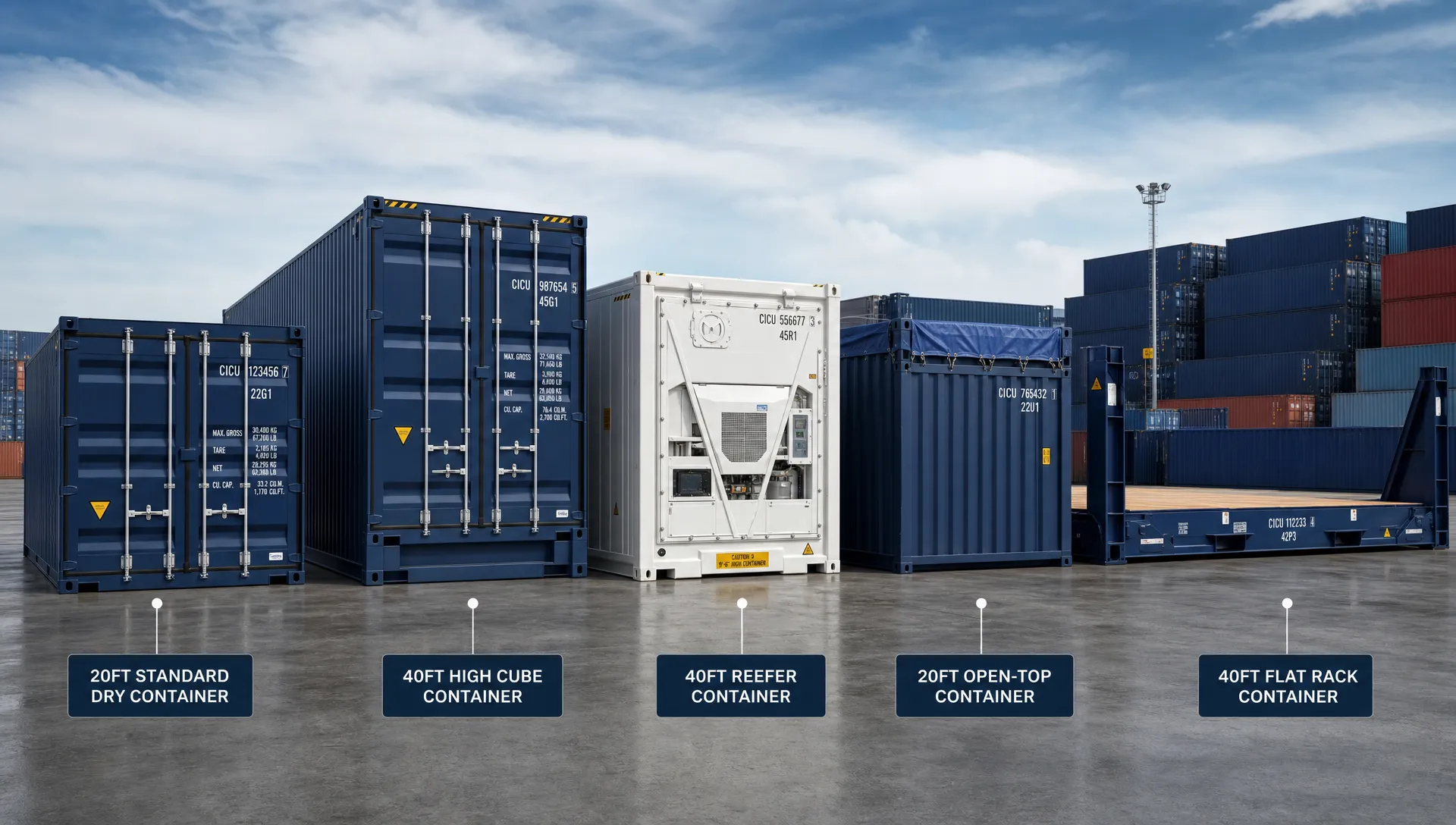 Different types of shipping containers lined up at a depot, including a standard dry container, a high cube container, a refrigerated reefer container, an open-top container, and a flat rack for oversized cargo, shown from a three-quarter angle with the reefer doors facing forward.