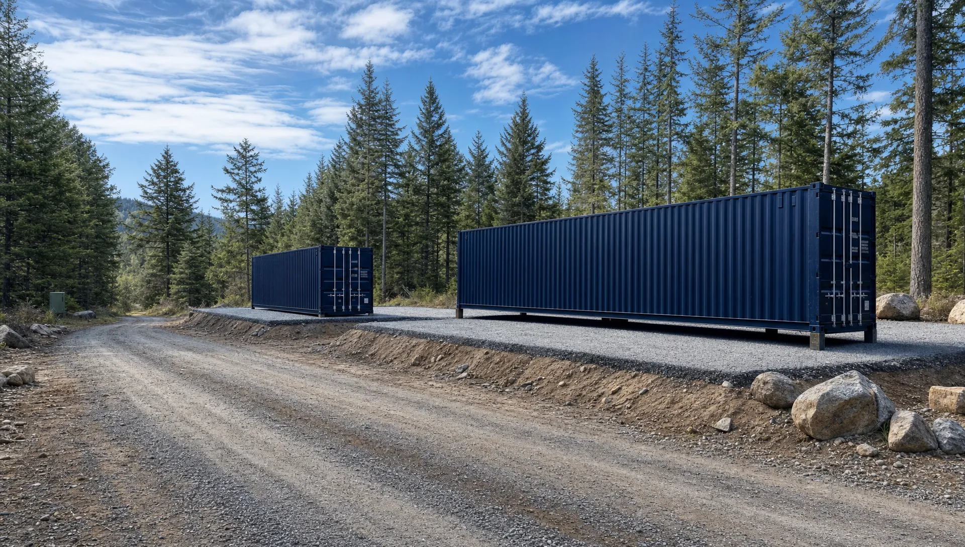 A prepared rural delivery site with level gravel pads for a 20ft dry container for storage and a 40ft high cube container for a future workshop, viewed from the side with a delivery path and open access space visible.