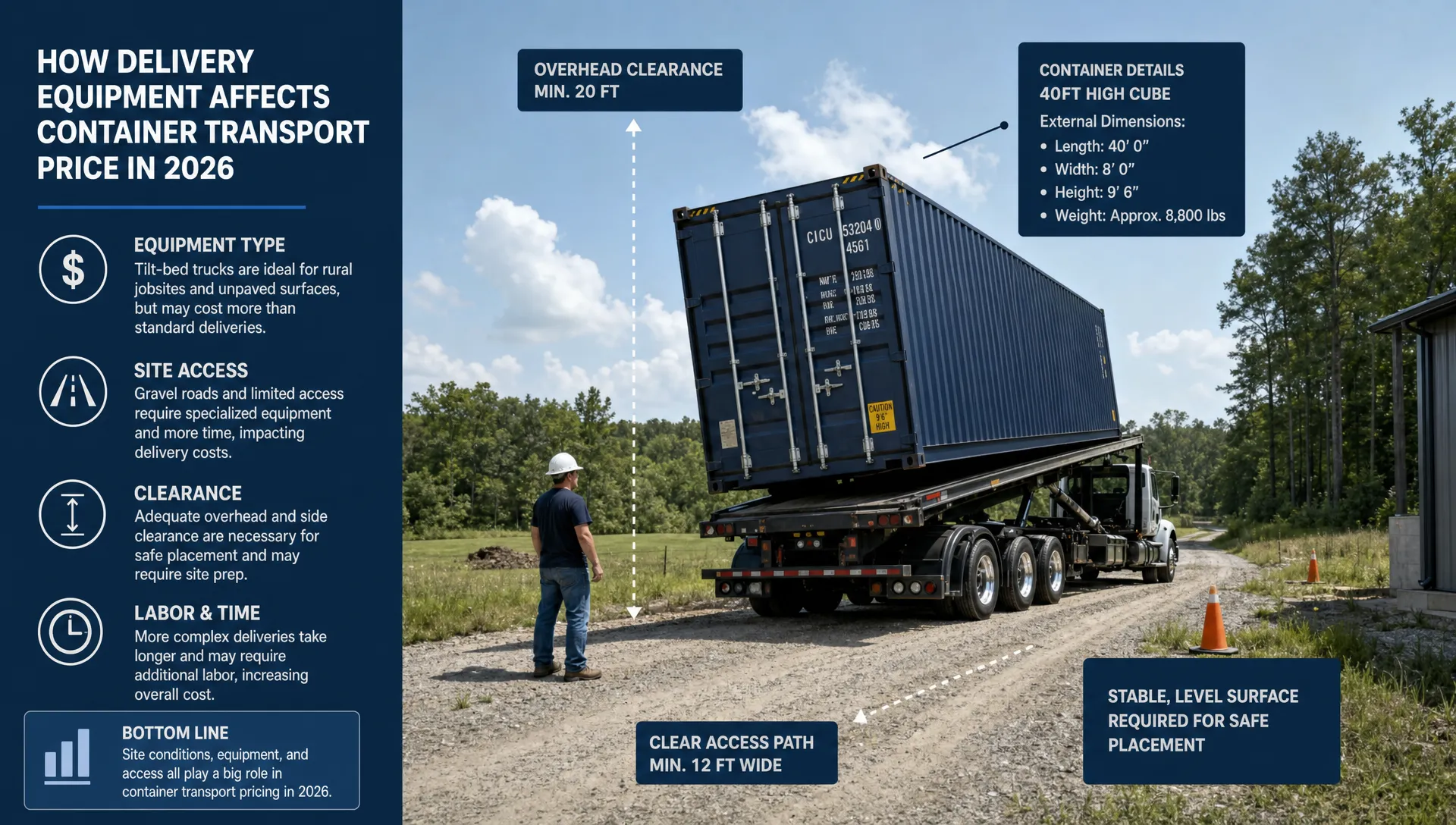 A tilt-bed truck placing a 40ft high cube shipping container at a rural job site, with clear ground markings, overhead clearance, and gravel access showing how delivery equipment affects container transport price in 2026.