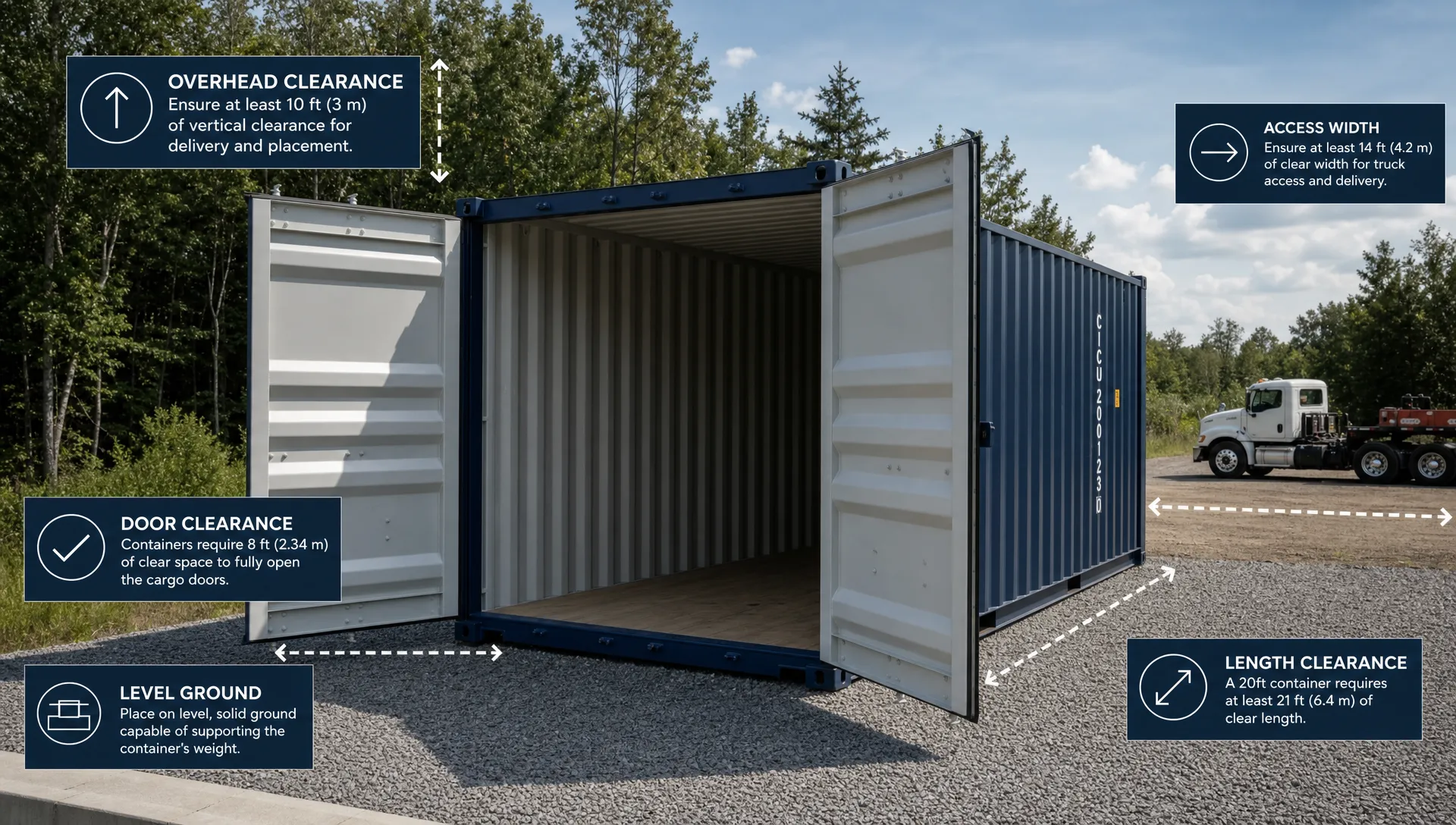 A 20ft shipping container on a gravel pad with open cargo doors, showing the delivery access and site clearance to check before buying.