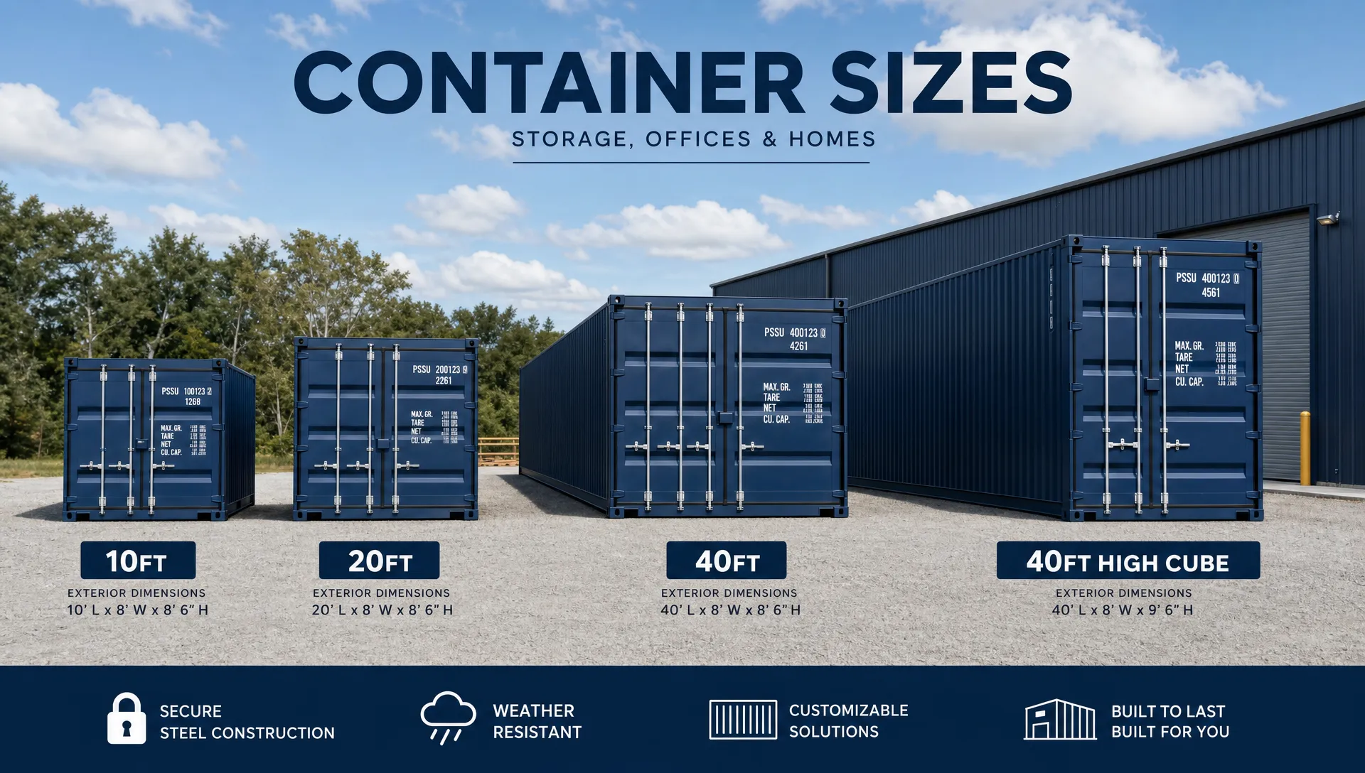 Cargo container sizes for storage, offices and homes shown side by side, including 10ft, 20ft, 40ft and high cube containers on a prepared gravel lot near a workshop.
