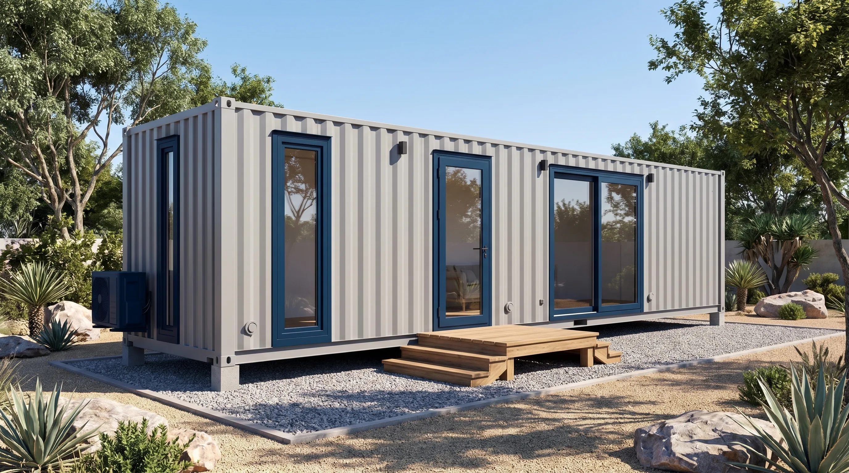 A custom 40ft shipping container house stands on a prepared gravel pad with windows, a door and exterior steps.