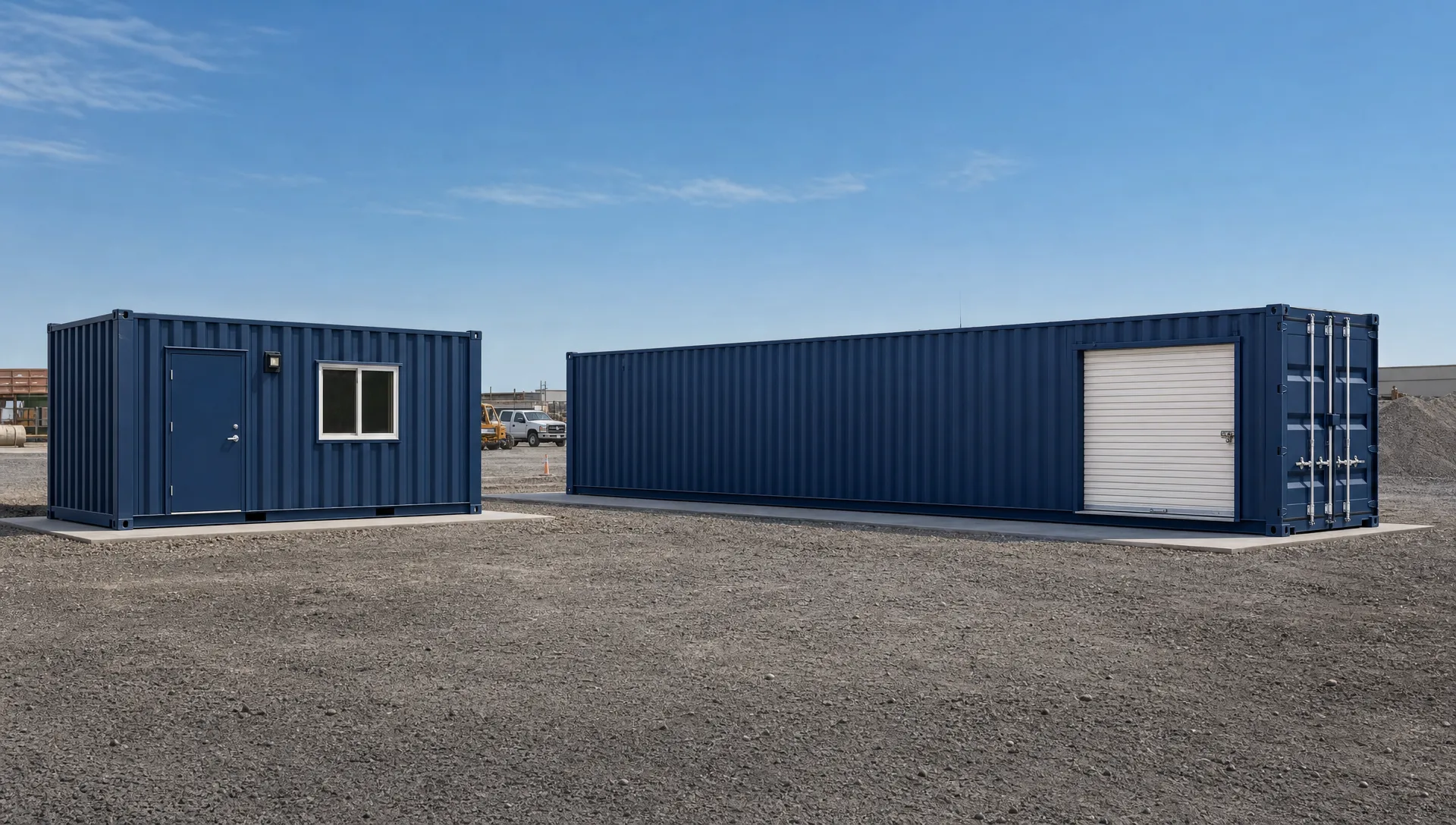 Two container offices on a compacted gravel job site, including a 20ft office with a personnel door and window and a 40ft office-storage unit with clear truck access and level pads.