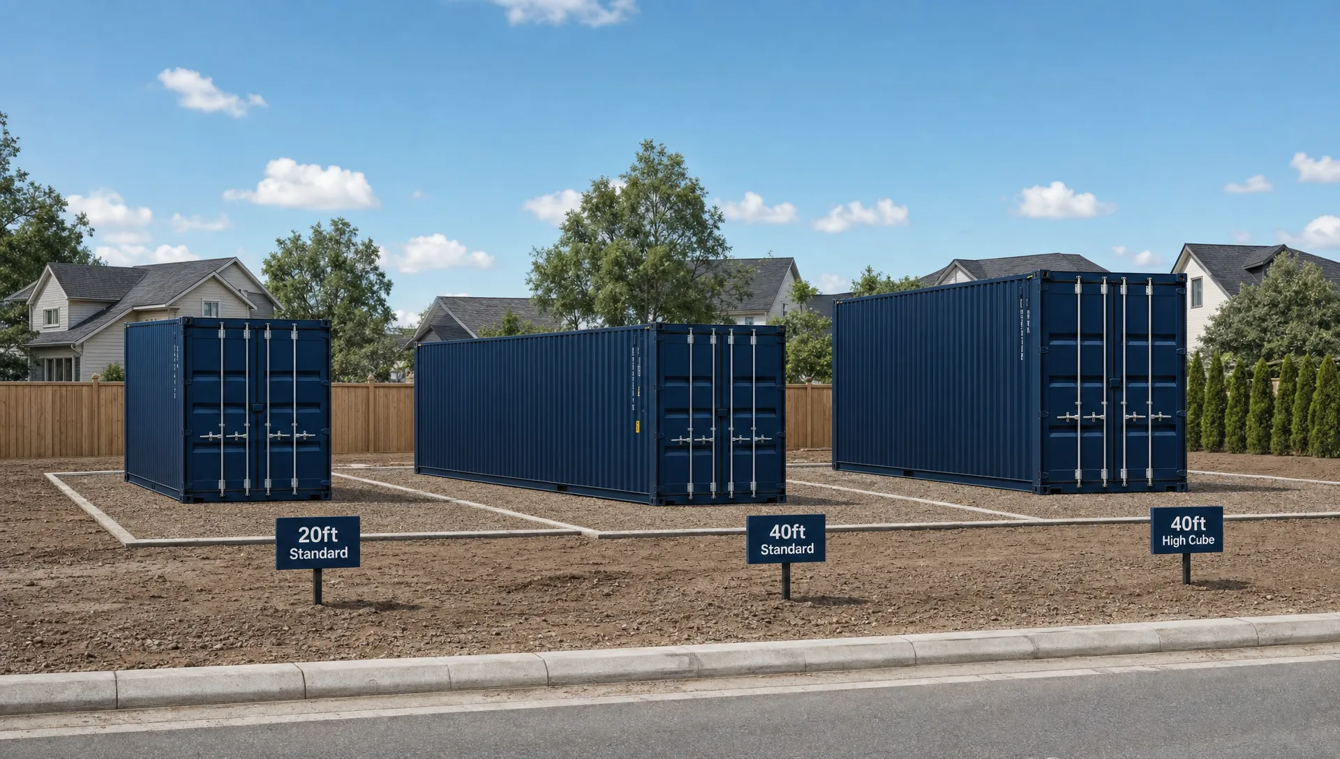 20ft, 40ft standard and 40ft high cube containers are shown on a prepared residential site to compare home size options.