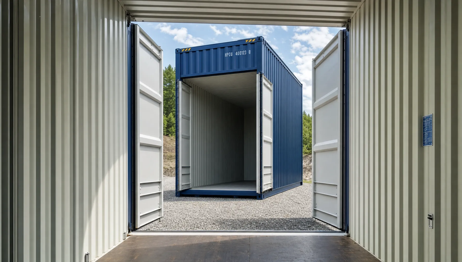 A 40ft high cube container on a prepared gravel pad with open cargo doors, viewed from just inside the doorway to emphasize the extra interior height for shelving, tools, and container conversion planning.