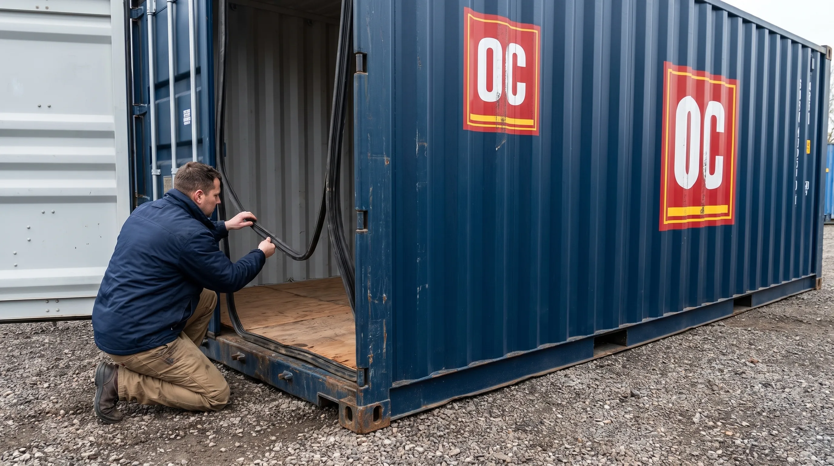 A buyer checks the open doors, rubber gaskets, plywood floor, and lower steel rails of a used 20ft dry shipping container.