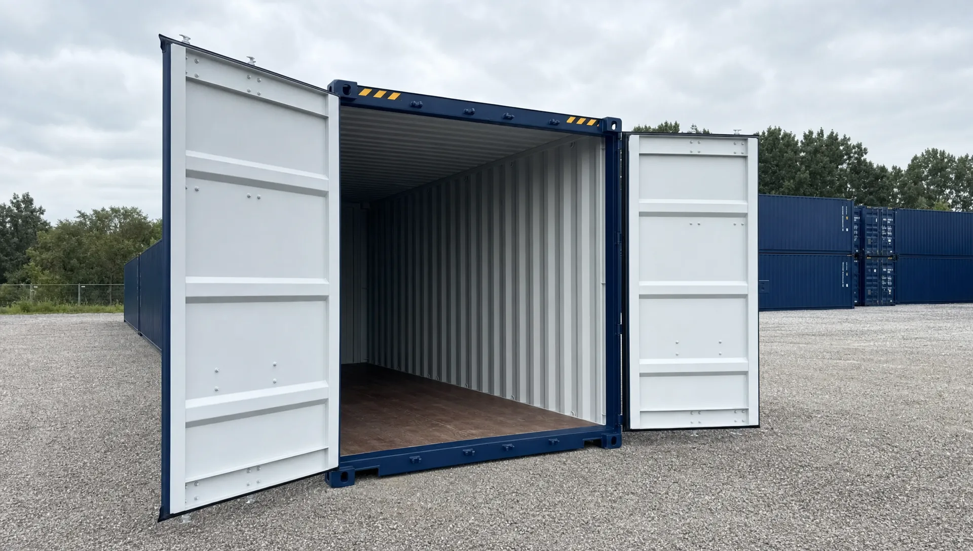 A 20ft cargo container on a level gravel pad with both doors open for inspection, showing the roof edge, floor, corner castings, door seals, and clear space for a delivery truck to back in and place the unit.