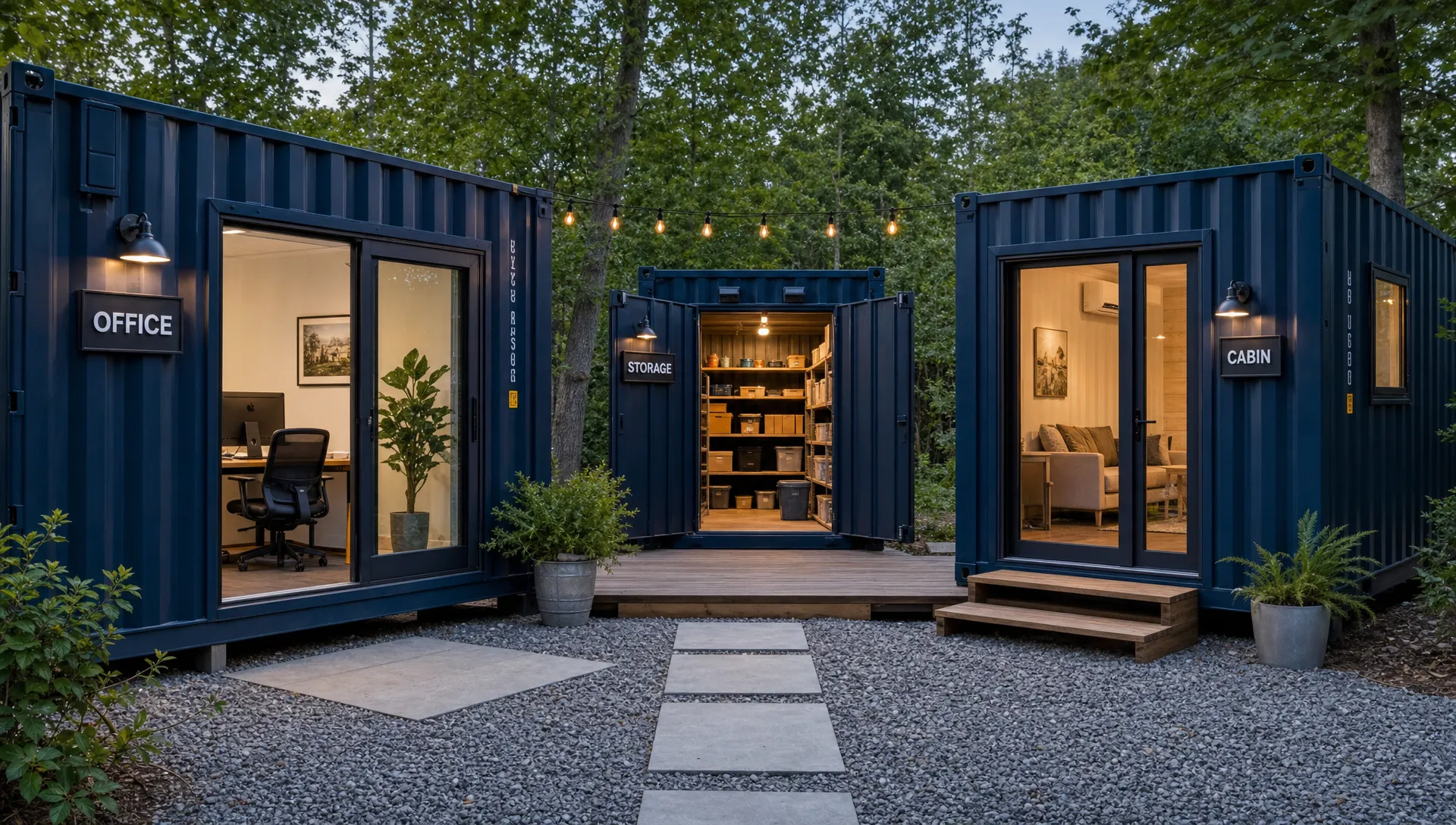Three shipping containers on a mixed-use property, including an office, a storage unit, and a small cabin with doors and windows.