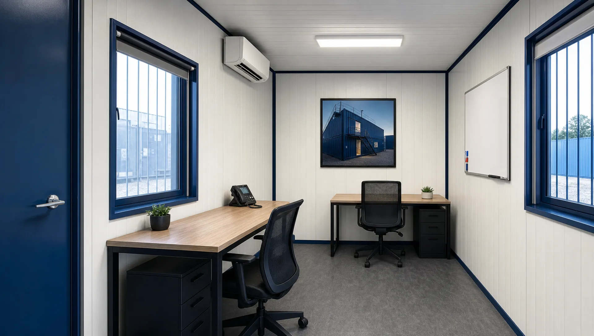 Custom container office interior with insulated walls, durable flooring, secure windows, work desks, and a compact HVAC unit.
