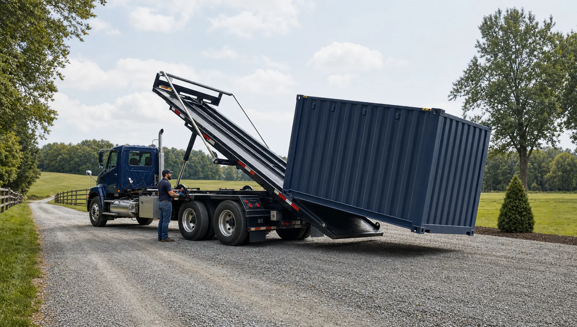A tilt-bed truck places a blue shipping container on a level gravel pad beside a rural driveway with clear overhead space.