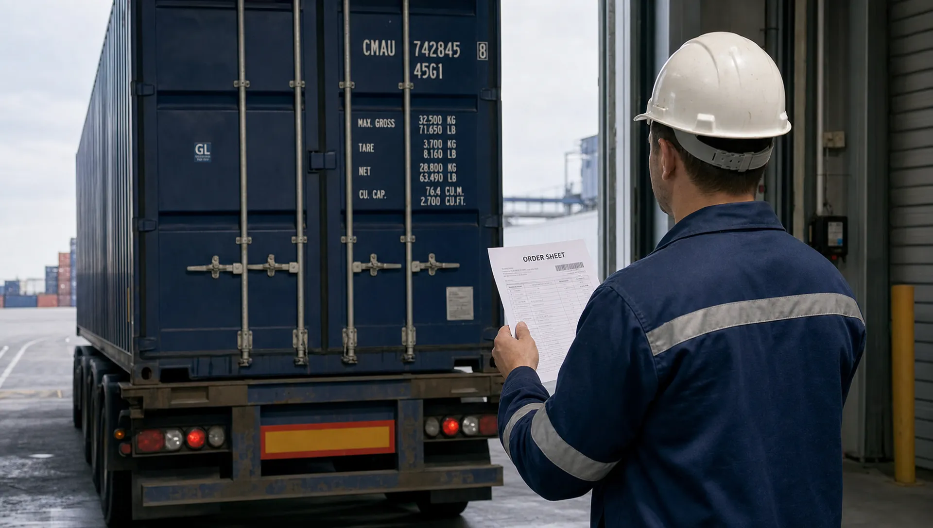 A buyer compares a printed order sheet with a shipping container’s identification number at open depot doors.
