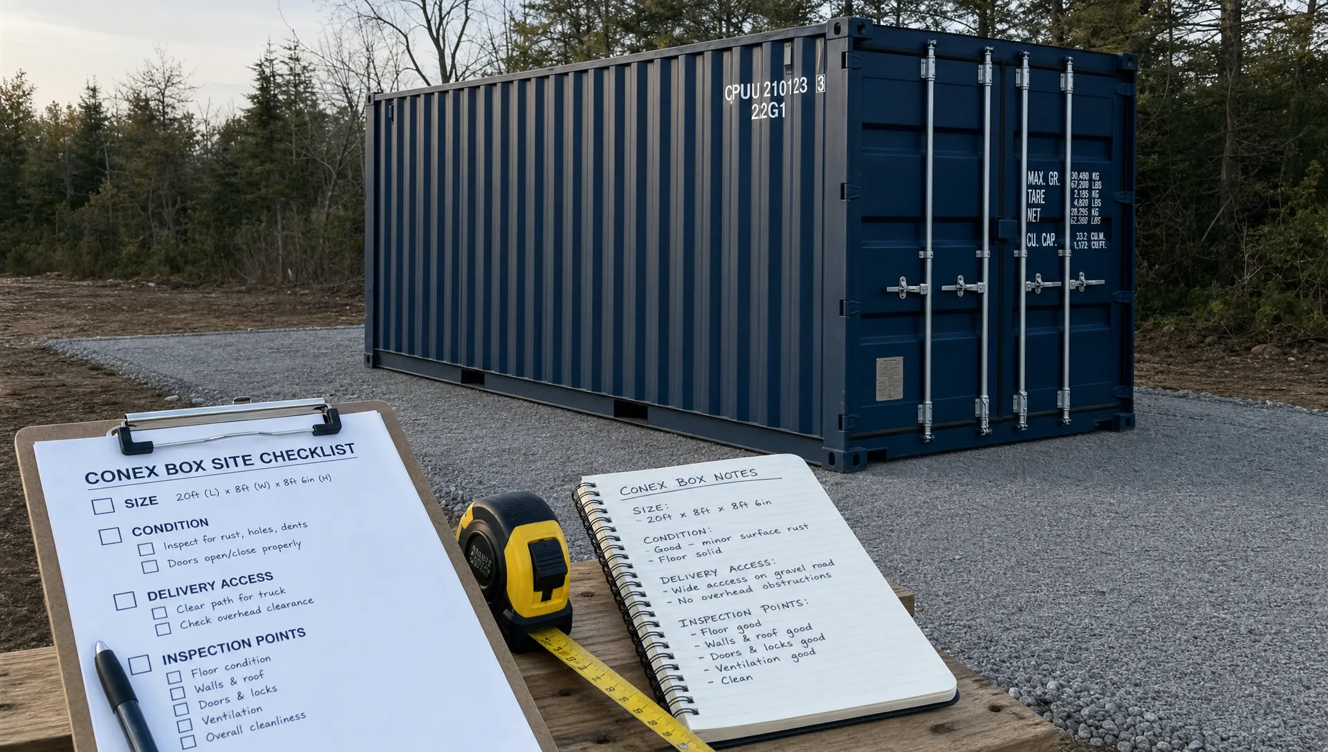 A prepared gravel pad beside a 20ft conex box with a clipboard checklist, tape measure, and handwritten notes about size, condition, delivery access, and inspection points.