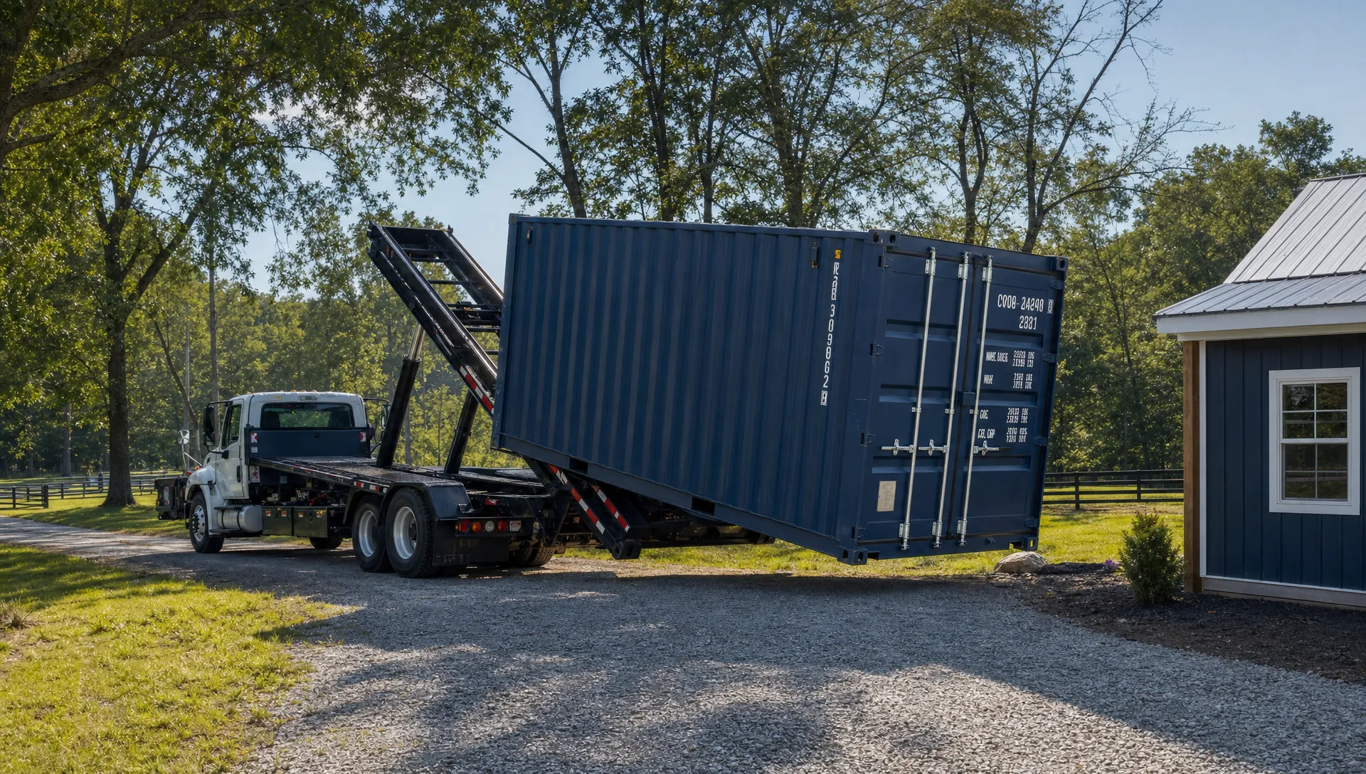 A tilt-bed delivery truck placing a 20ft conex box on a gravel pad beside a rural driveway, showing how buyers compare shipping containers for sale near me for local delivery.