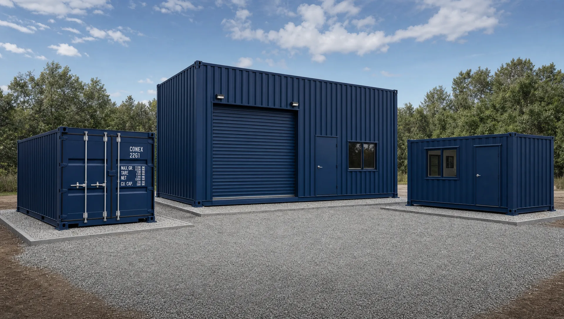 Conex building ideas for storage, shops and offices showing a 20ft conex storage unit beside a 40ft high cube workshop with a roll-up door and a compact container office on separate gravel pads.