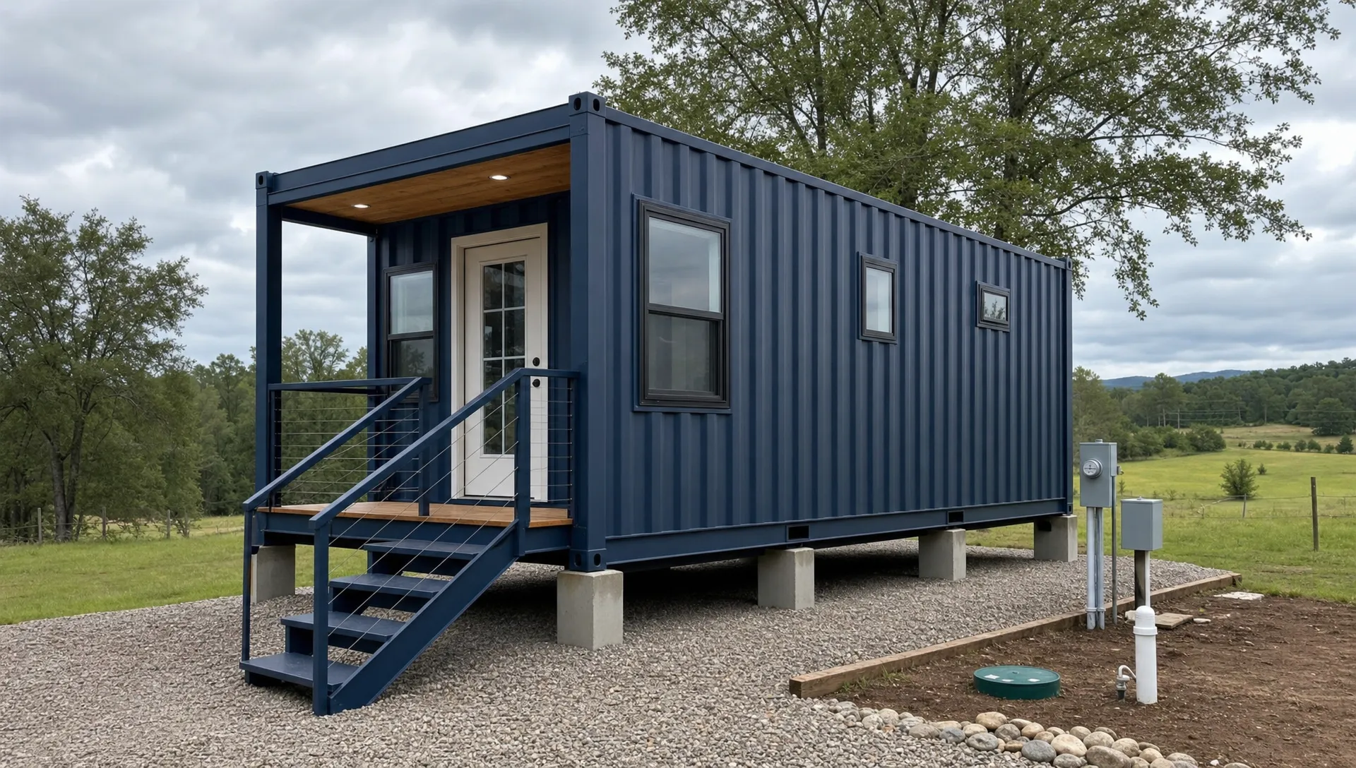 A compact shipping house on a gravel pad with a small porch, exterior stairs, high cube steel container walls, and a simple rural lot prepared for delivery and utilities.