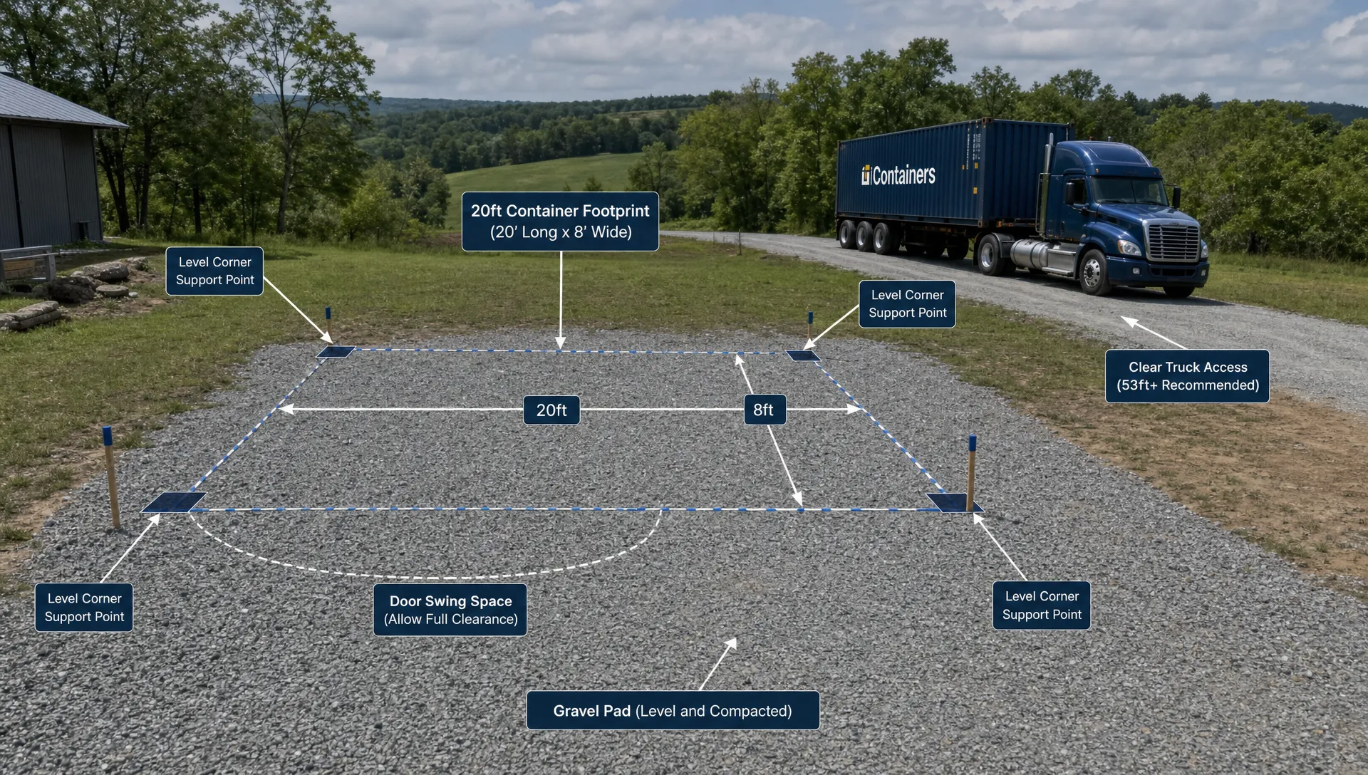 A gravel pad on a rural property marked with stakes and tape to show the 20ft container footprint, with clear truck access, door swing space, and level corner support points.