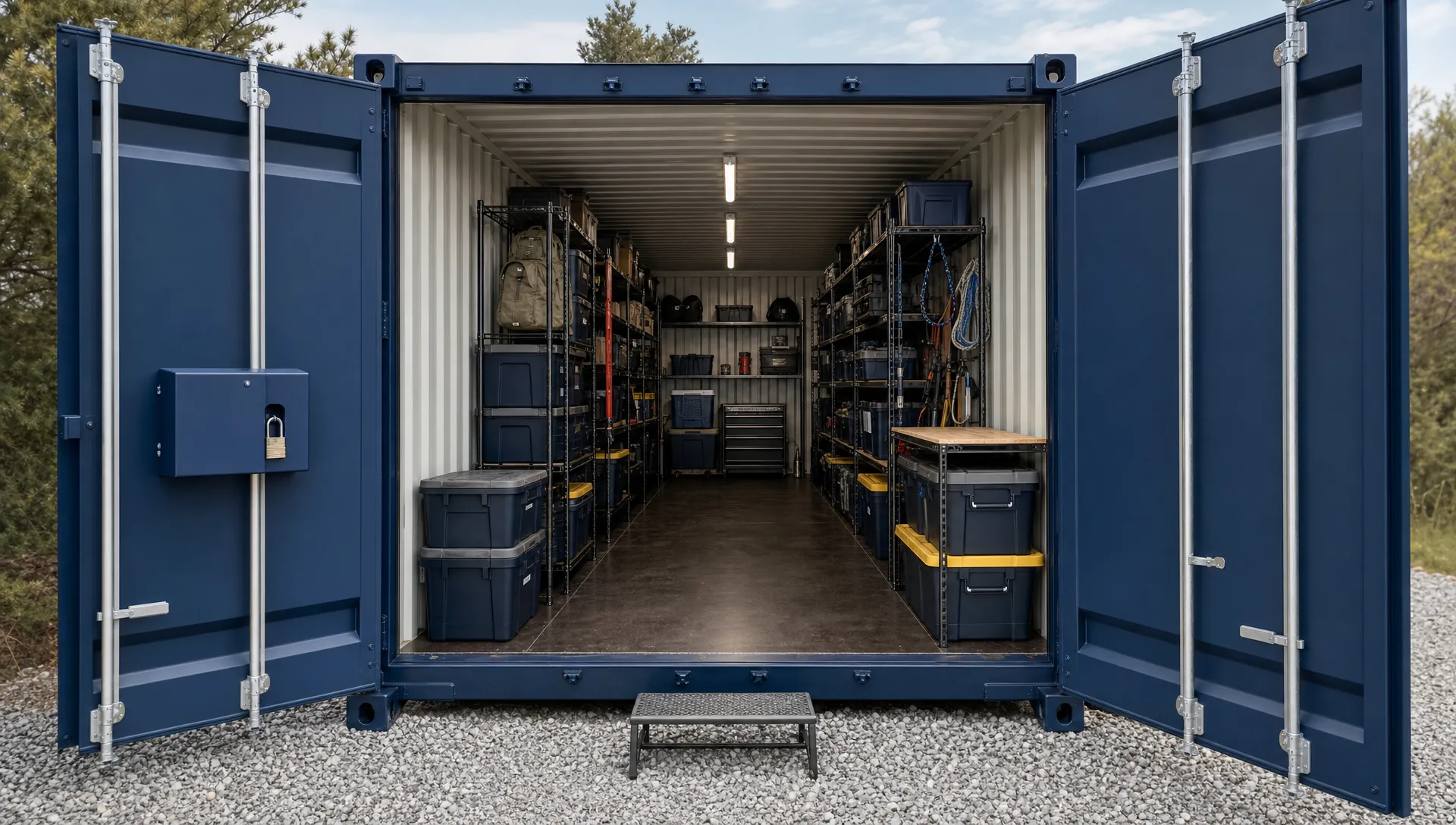 A 20 ft conex shows side shelving, storage bins, and a clear aisle with the lock box visible at the doorway.